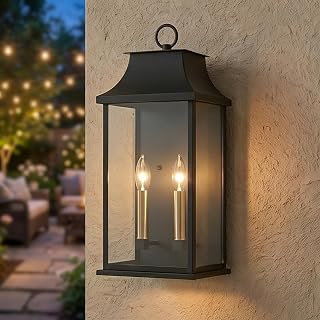 Dusk to Dawn Outdoor Wall Light, Large 20.6in Waterproof Porch Lantern | 2-Light Exterior Wall Sconce, Shatter-Resistant Glass, Anti-Rust Metal, E12 40W Base, for Porch Garage Front Door Entryway