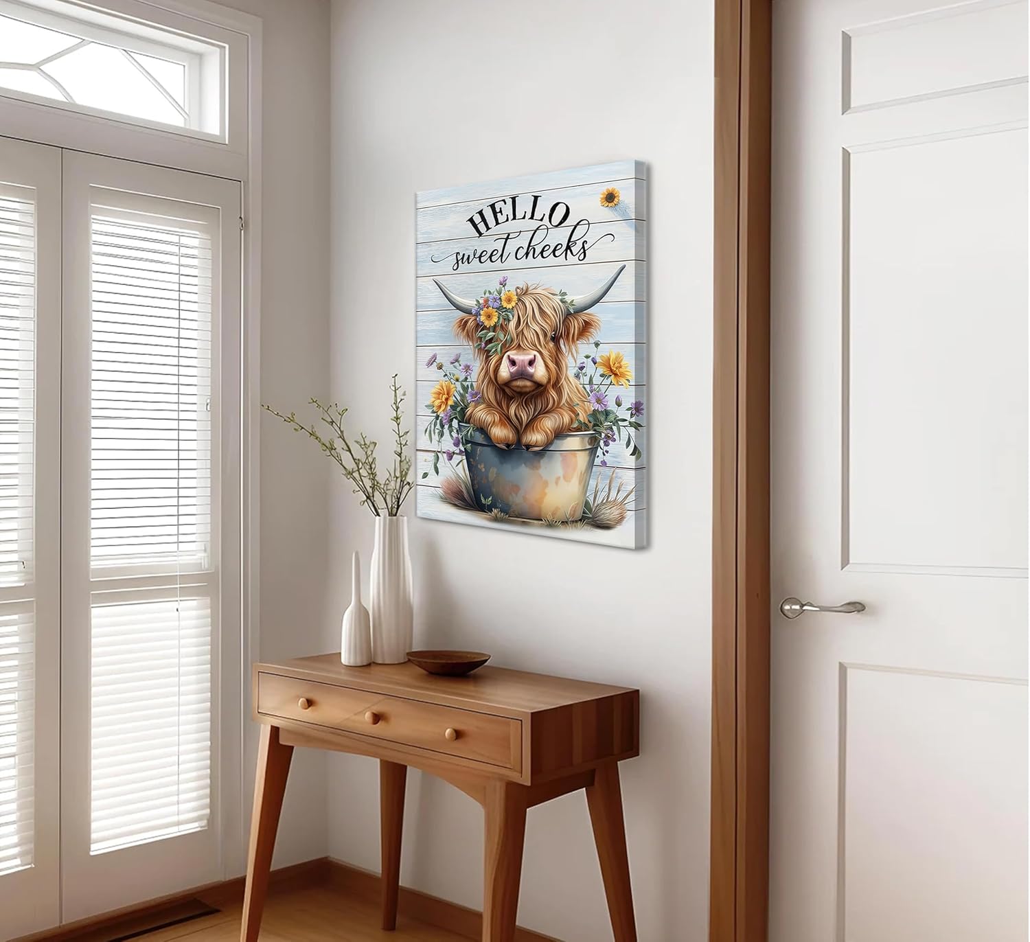 Funny Highland Cow Bathroom Canvas Wall Art Farmhouse Cute Cow Painting Picture Wall Decor Colour Flowers Highland Cattle Animals Poster Print Artwork for Bathroom Restroom Bedroom Home Decoration