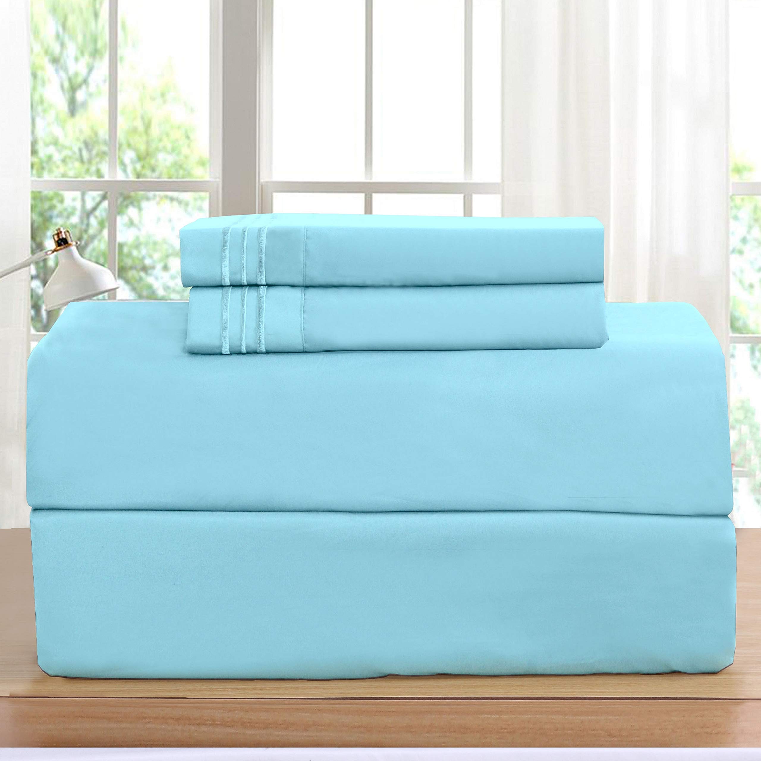 Parure de lit 4 pièces de luxe bleu turquoise, drap poche profonde très grand lit 1500 fils