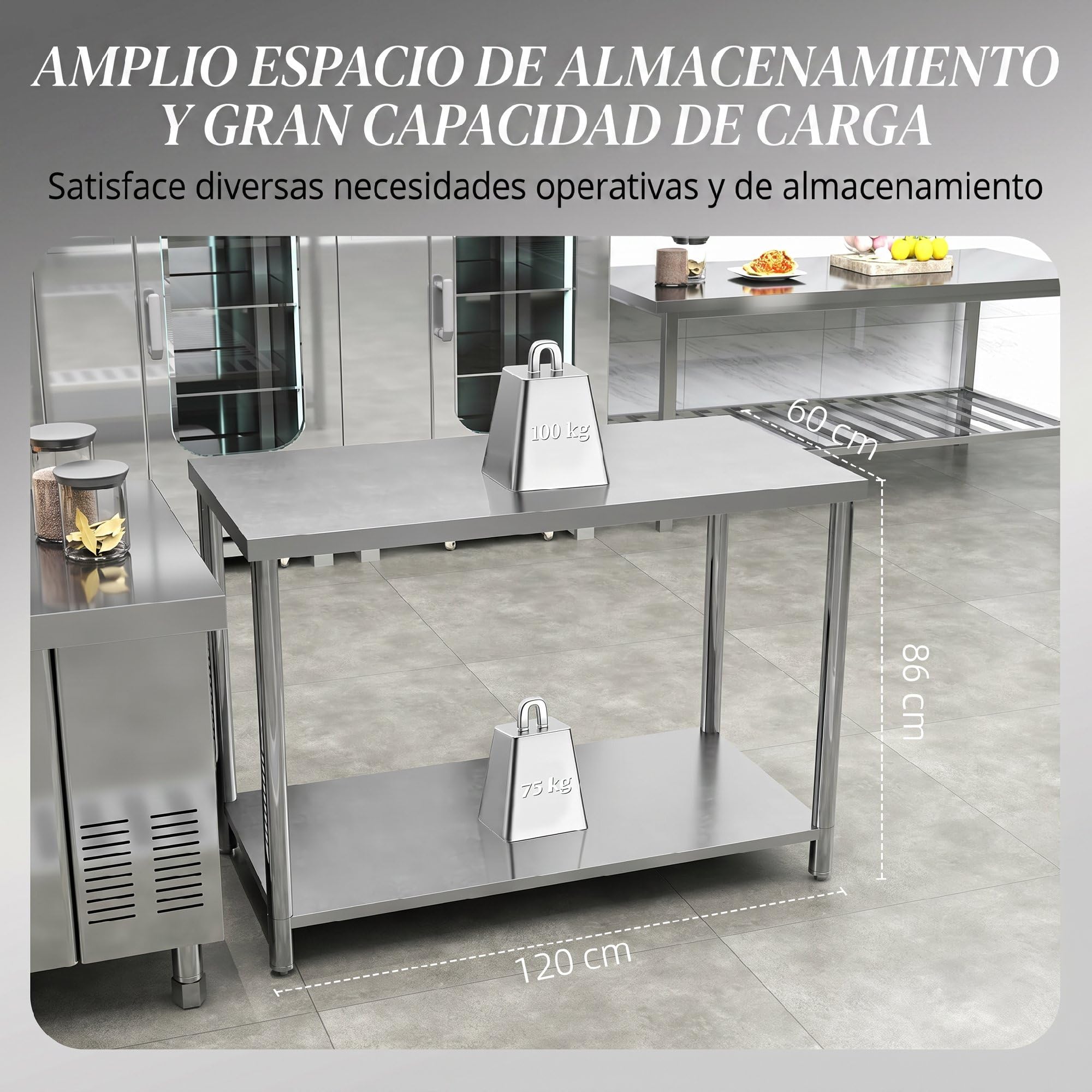 HOMCOM Mesa de Trabajo de Acero Inoxidable 2 Estantes 120x60x86 cm, Plata