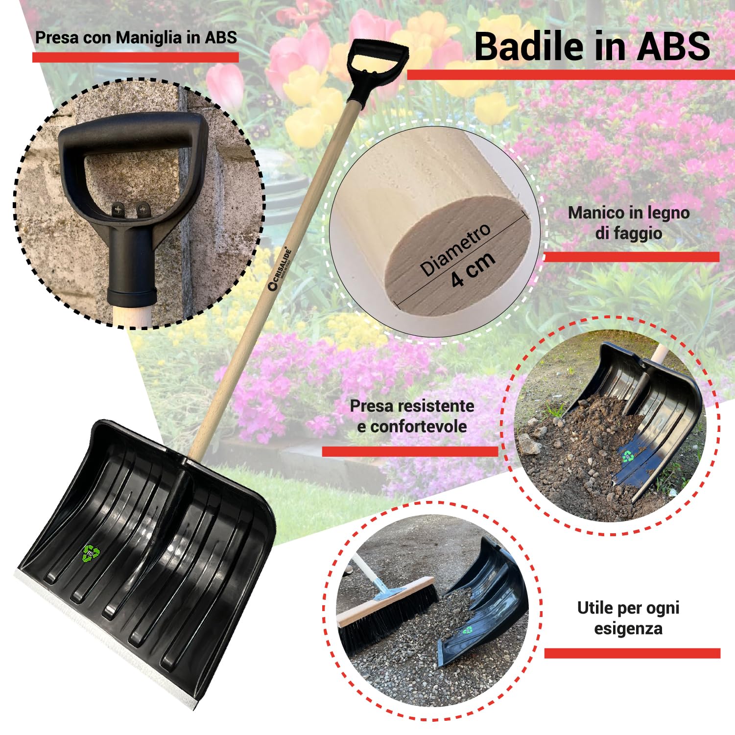 Crisalide® - Baie super résistante professionnelle 32 x 40 cm, extrémités renforcées en aluminium anti-choc, poignée 80 cm, polyvalente pour usage agricole, jardinage et construction, pelle