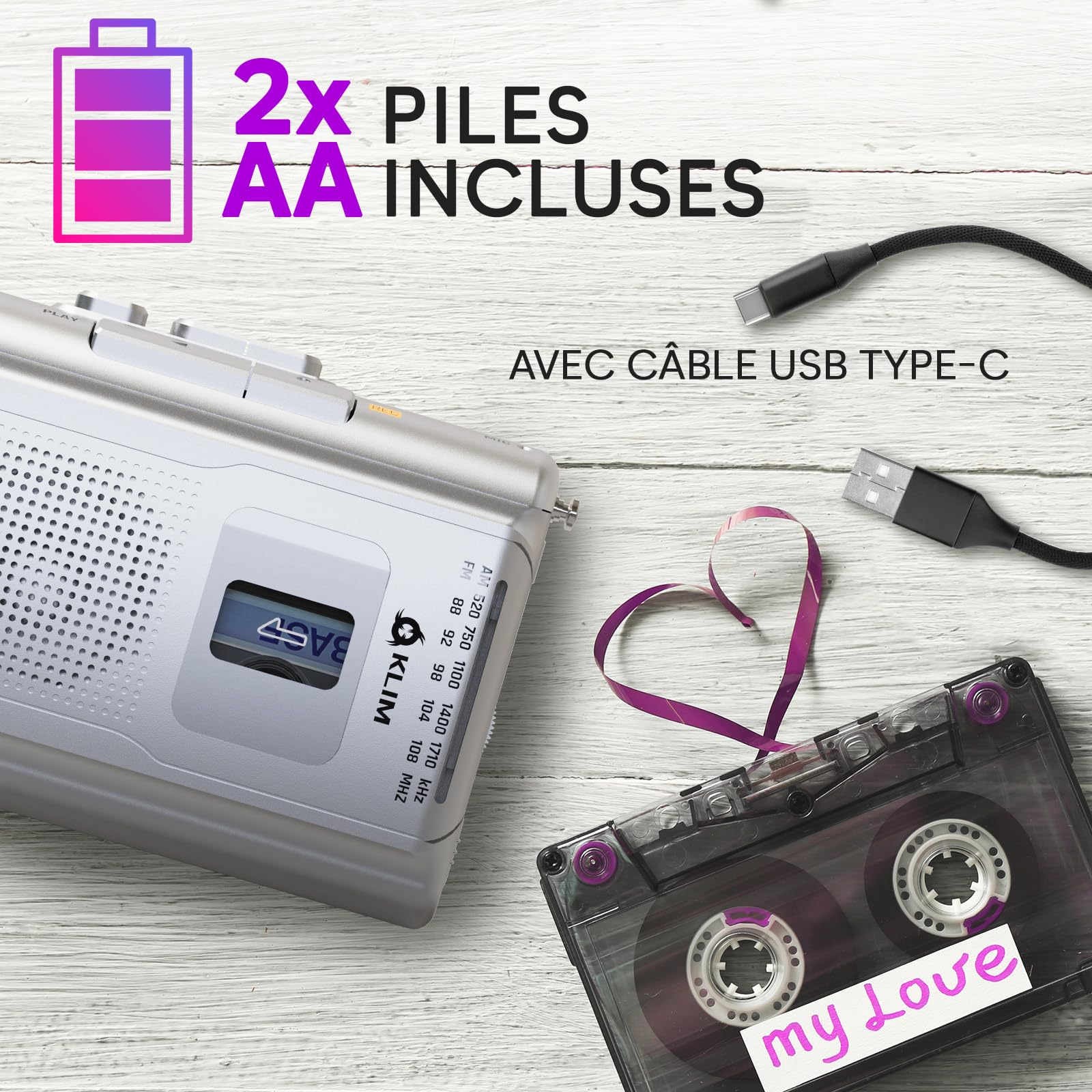 KLIM K8 Lecteur Cassette Audio - Enregistreur Cassette - Nouveau Player - Radio AM/FM - Microphone et Haut-Parleur Intégrés - Prise Casque et Écouteurs - Argent
