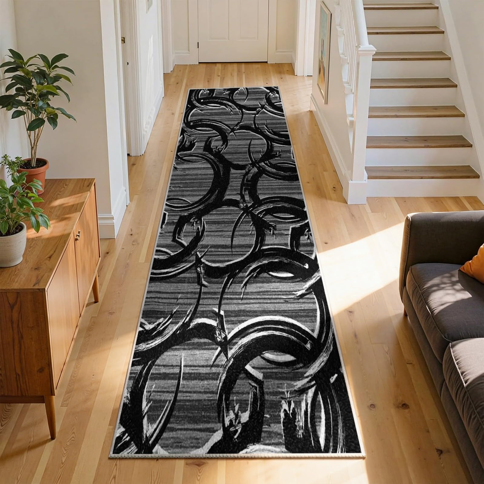WAOTMN Vintage Runner Rug,120x300cm,Circle Design Gray Hallway Runners for Entryway Machine Washable Soft Dense Pile Non-Slip Rugs, Dirty-Resistant Kitchen Runner Rug