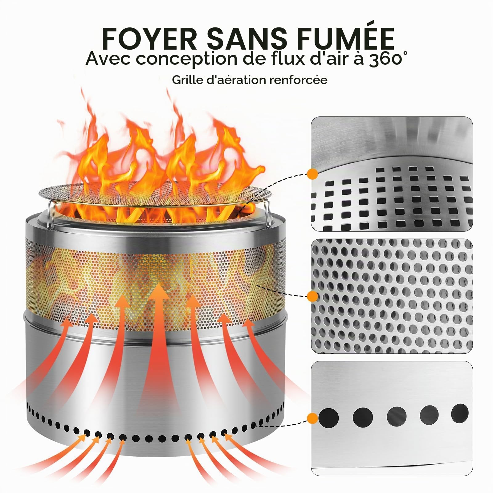 SMOOL Brasero portable sans fumée de 50 cm en acier inoxydable avec grille de barbecue, tisonnier et sac polyvalent, bac à cendres amovible, foyer idéal pour terrasse, jardin, camping et extérieur