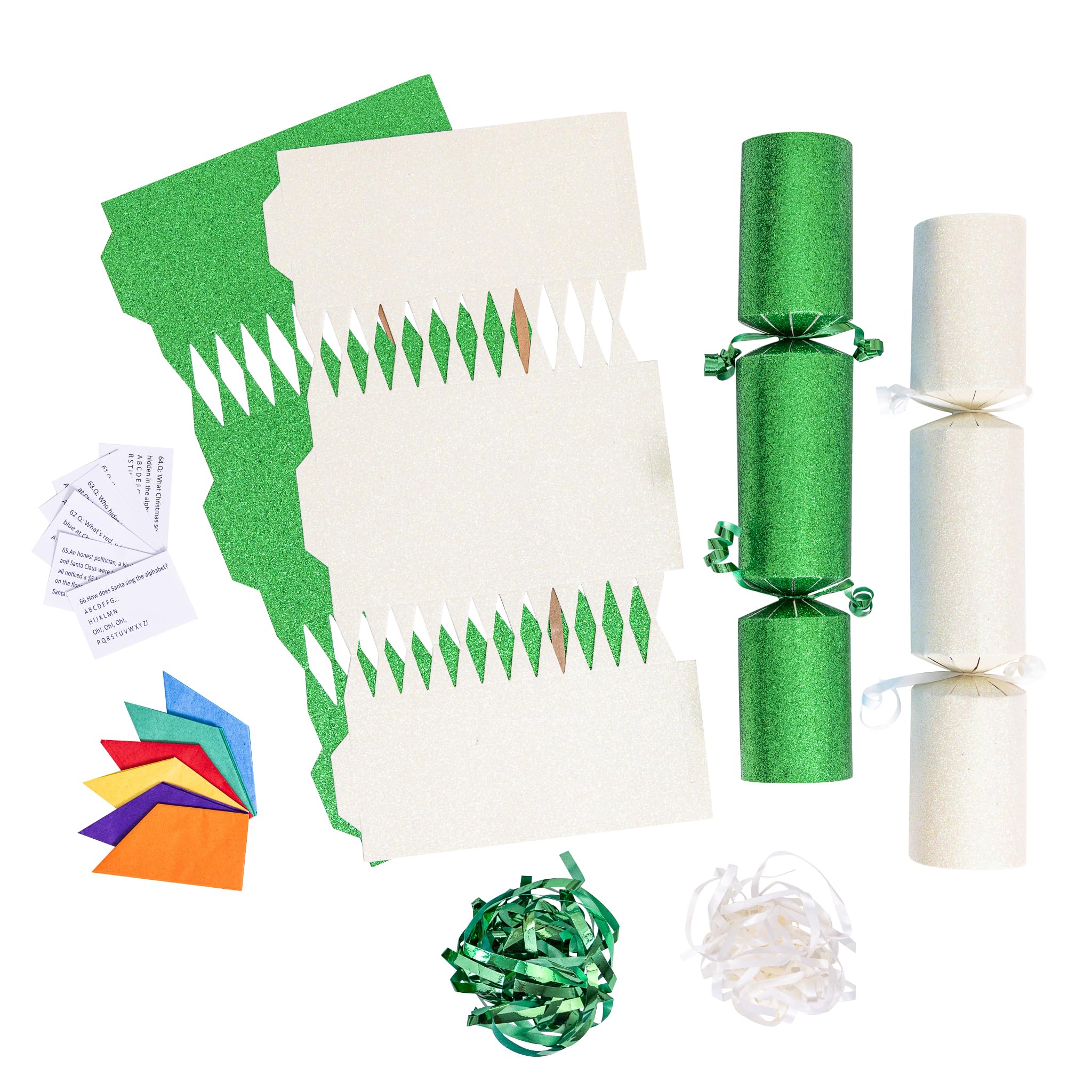evelay 12 Make Your Own Christmas Cracker Kit DIY Cream & Green Glitter Crackers Hats Snaps Jokes (Cream, Green)