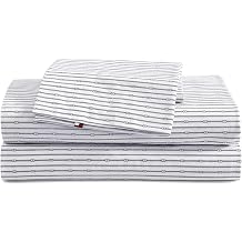 Tommy Hilfiger - Sheet Set, Cotton Percale Bedding with Matching Pillowcases, Crisp & Cool, Premium Quality Home Essentials Monogram Stripe Navy, Full