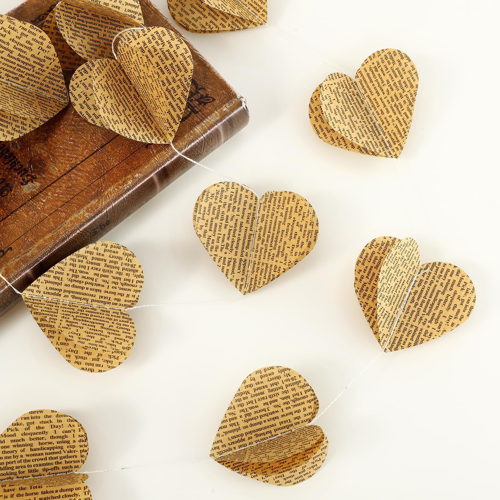 4 Pack 3D Heart Garland Vintage Pages Recycled Book Garland Newspaper Bunting Party Nursery Strand String Banner Wedding Holiday Christmas Decorate (Vintage Heart)