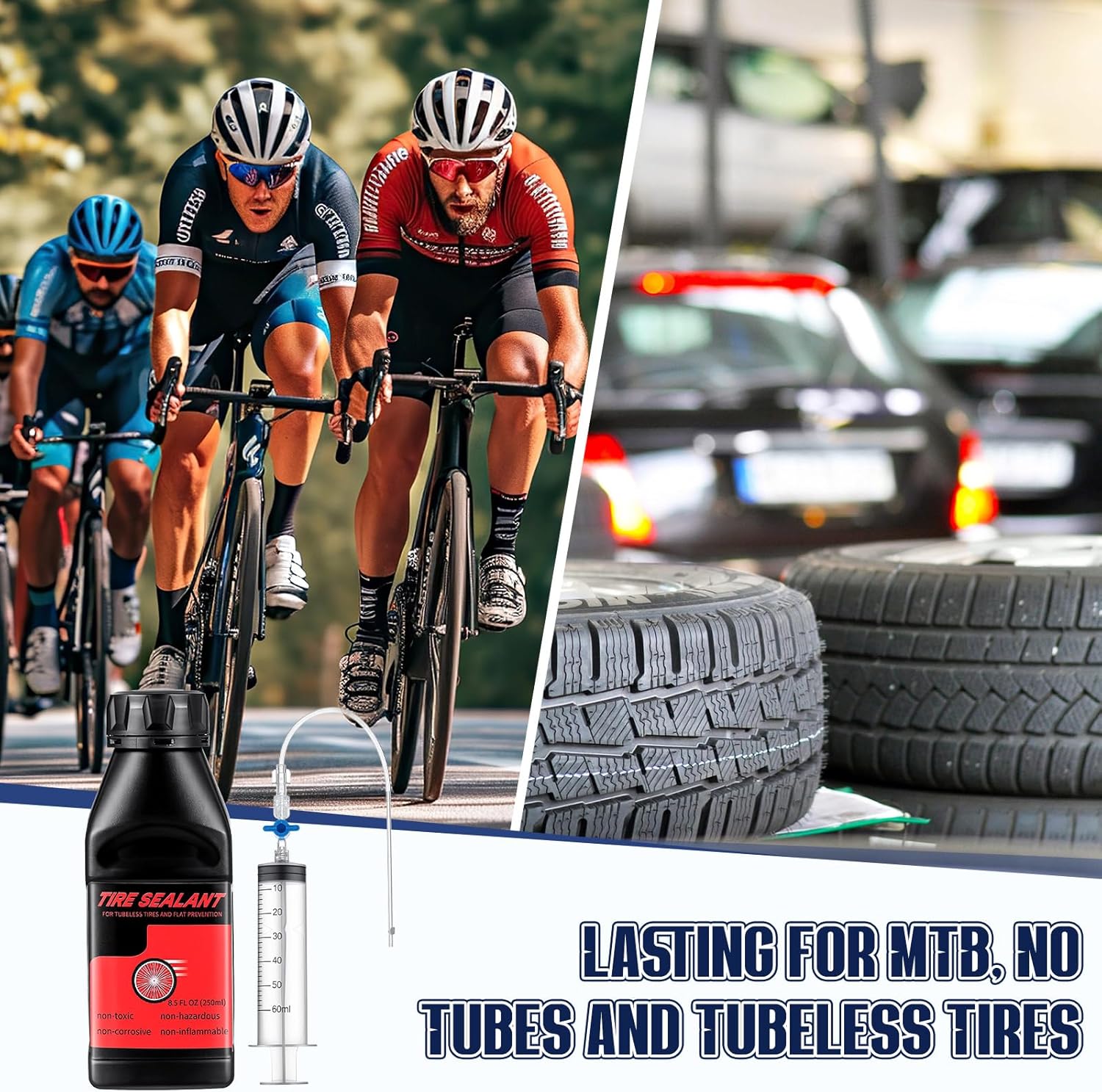 Tubeless Tire Sealant 250ml Tubeless Sealant with Rim Tape, Valve Stems and Injector Kit, Complete Conversion Puncture Repair Kit for Road, Gravel, MTB Bikes