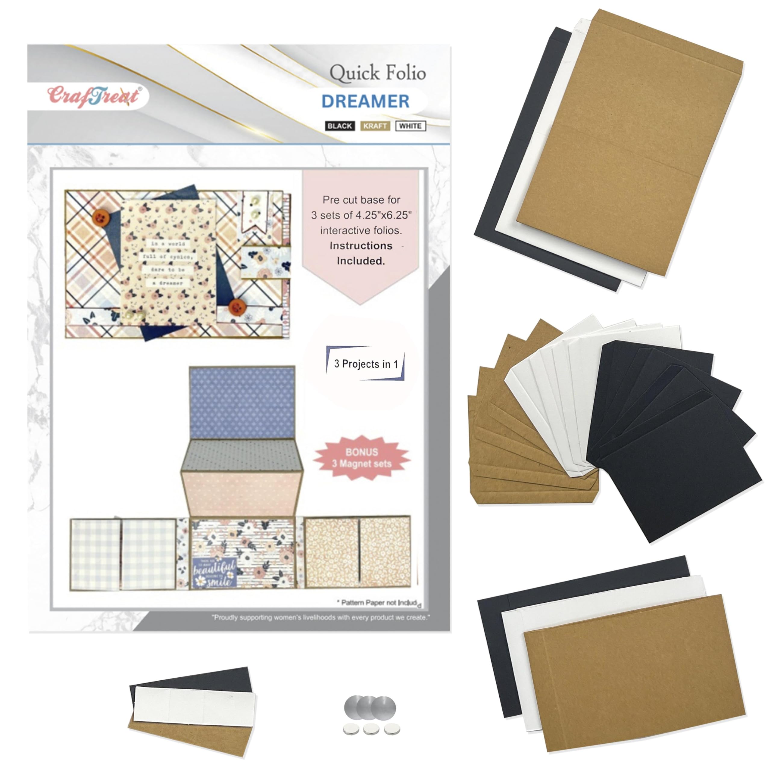CrafTreat DIY Scrapbook Blank Precut Album Base - Quick Folio Dreamer Black Kraft White - Interactive Mini Album with Accordion & Flaps - Handmade Craft Gift Memory Scrapbook Kit