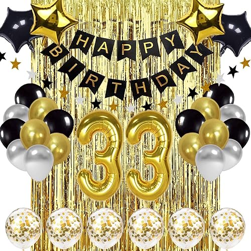 Decoraciones de cumpleaños número 33, negro y dorado, pancarta de feliz cumpleaños, 33 globos, suministros de decoración