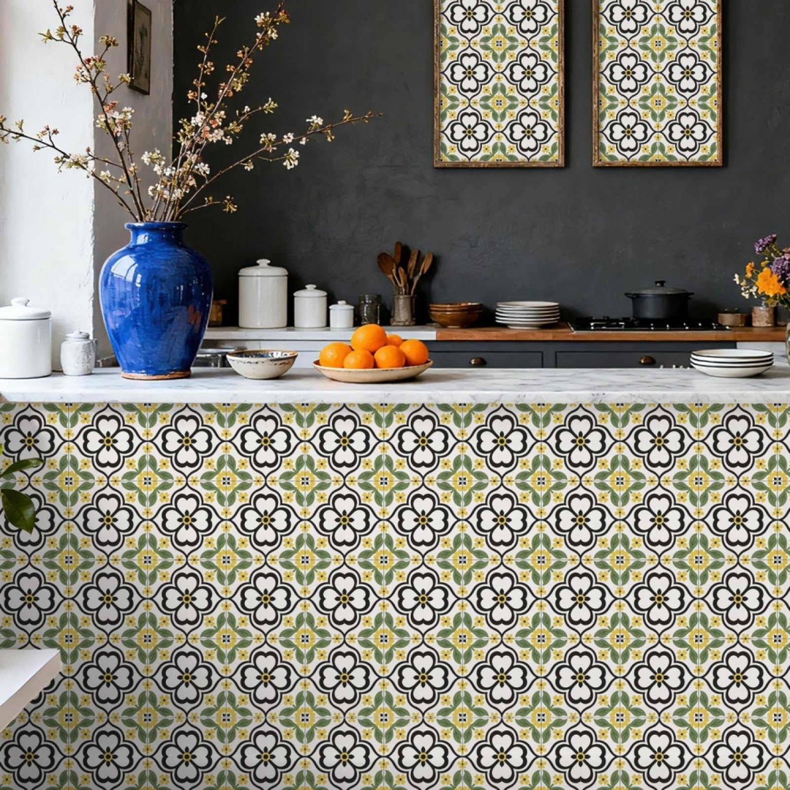 Tile Stickers Black Lemon Green Stick on Kitchen Tiles Self Adhesive Wall Tiles PVC Peel and Stick Tile Covers Transfers Oil-Proof Kitchen Splashbacks for Walls Removable 10x10cm/48 Pcs