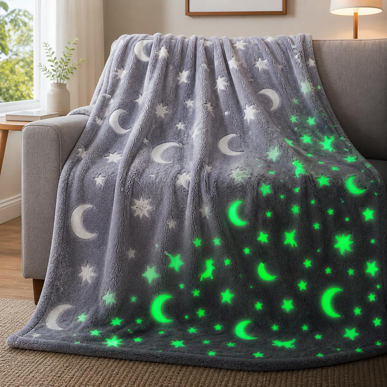 Toy Imagine Glow Blanket for Kids 3–10 Years 150 x 120 cm Glow in The Dark Blanket Soft Flannel Fleece Throw Soft Cozy Warm All Season Blankets for Boys and Girls Gift (Stars and Moon Design Grey)