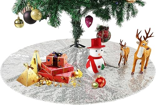 Miniatura 8 de Eternal Beauty Falda pequeña de lentejuelas para árbol de Navidad, cubierta de árbol de Navidad con purpurina, tapete suave para adornos de árbol de