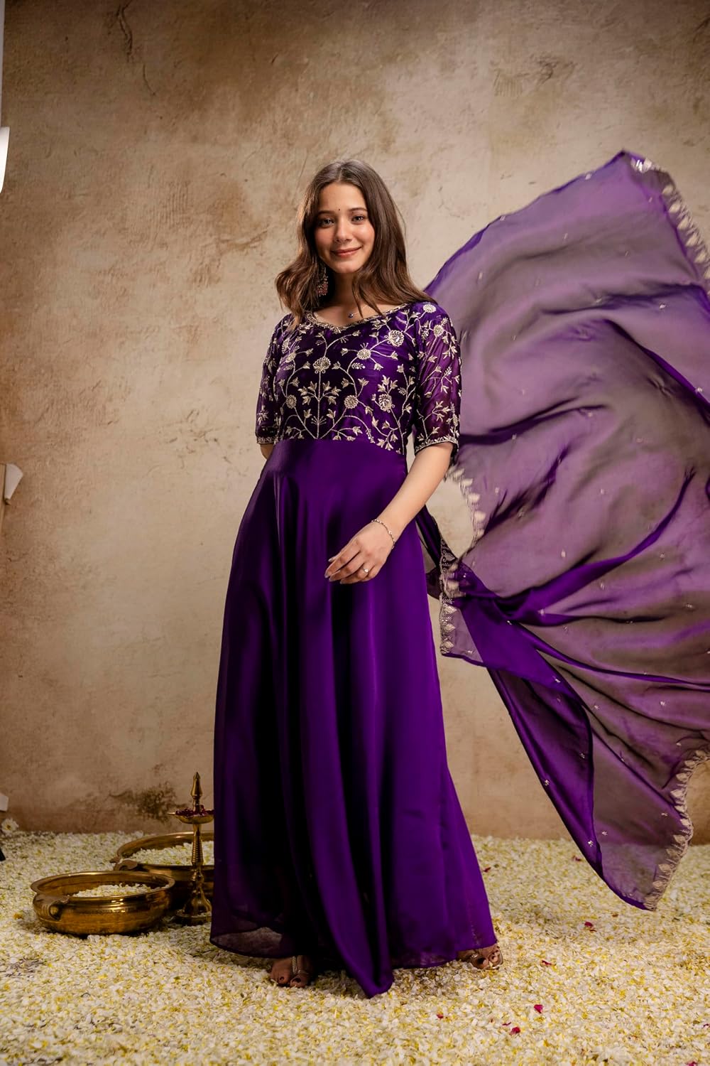 Festive Women Chinon Anarkali Kurti With Dupatta Embroidered Sequins Party Wear Ethnic Style