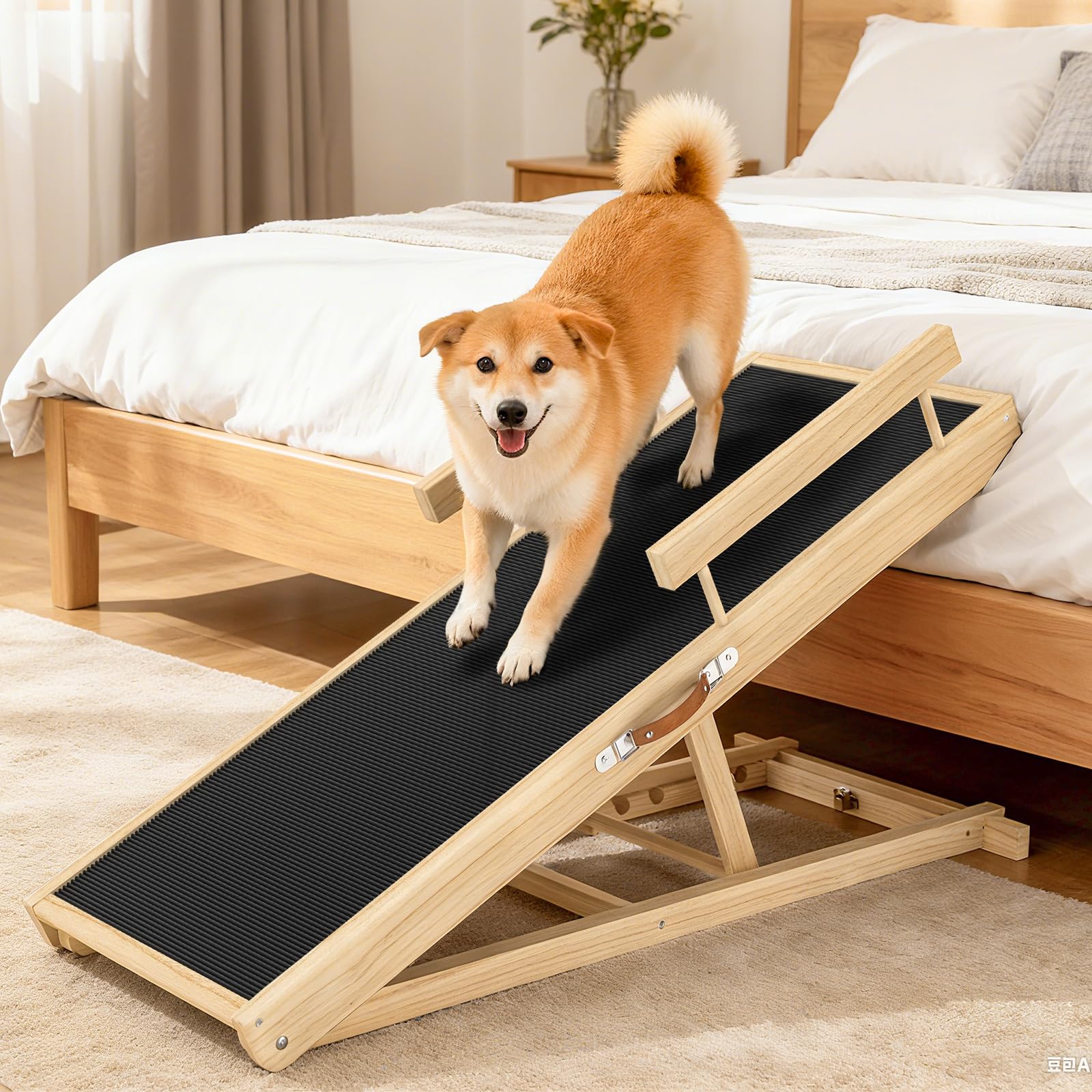 Dog Ramp for Couch, Bed or Car, Wooden 44" Long Pet Stairs for Small & Large Old Dogs & Cats, Hold up to 200lb, 5 Adjustable Height from 14.96" to 22", Portable Doggie Steps, Excellent Traction