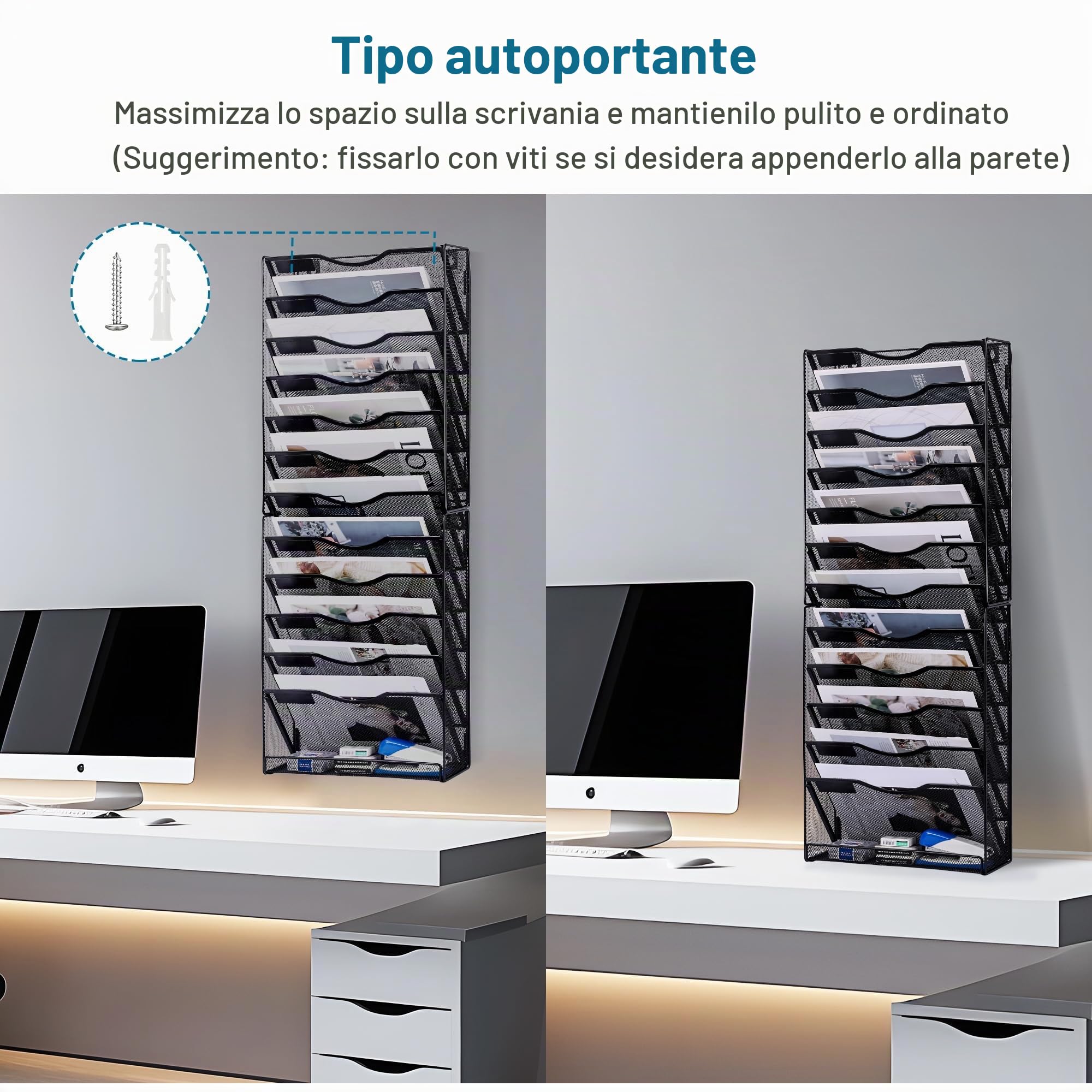 TQVAI 12 Ripiani Organizer Documenti Parete, Portariviste da Parete Metallo Scaffale per Documenti A4 Organizzatore Libreria Scrivania Ufficio Casa, Nero