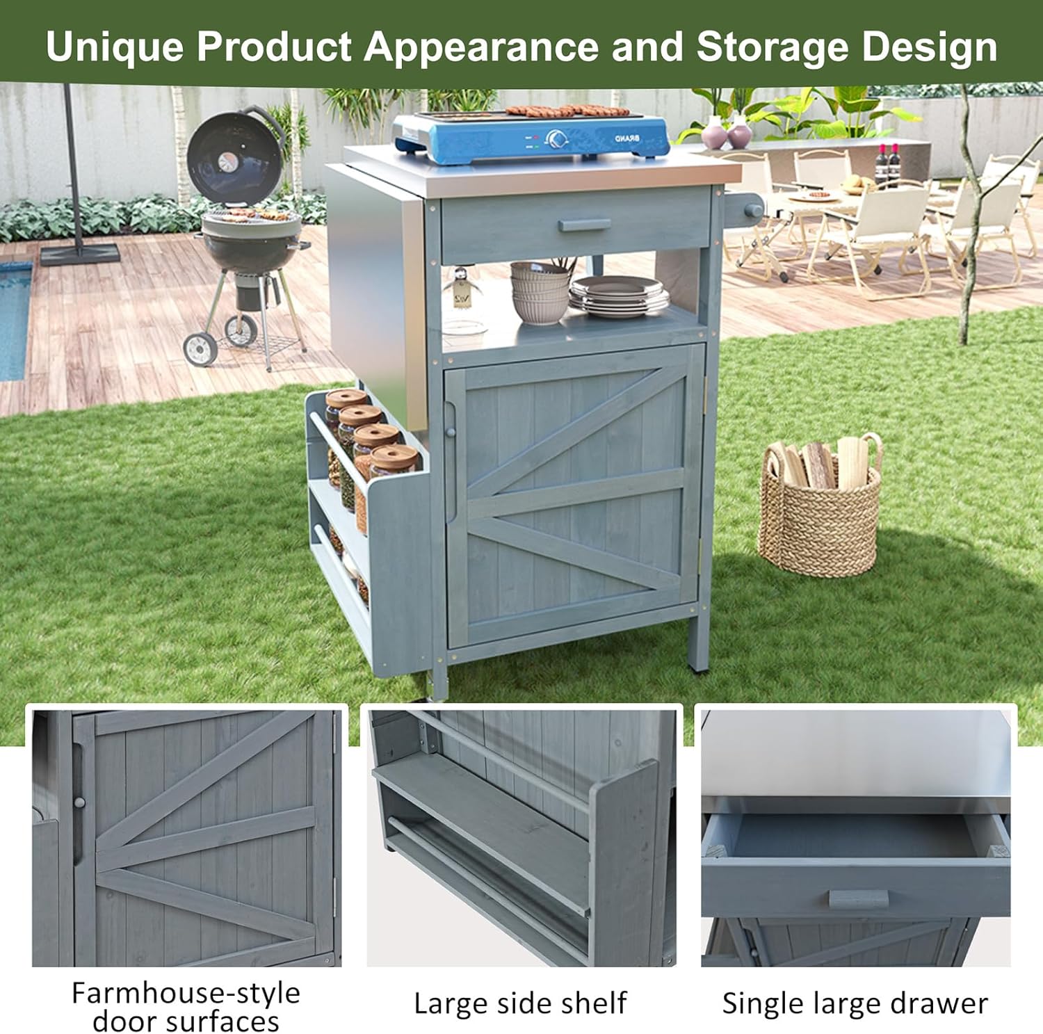 40.5" Outdoor Grill Cart with Storage Cabinet,Drawer,Towel Rack, Solid Wood OutdoorGrill Table with Stainless Steel Top,Rolling Kitchen Cart with Lockable Wheels for Outside Lawn Garden (Blue+Grey)