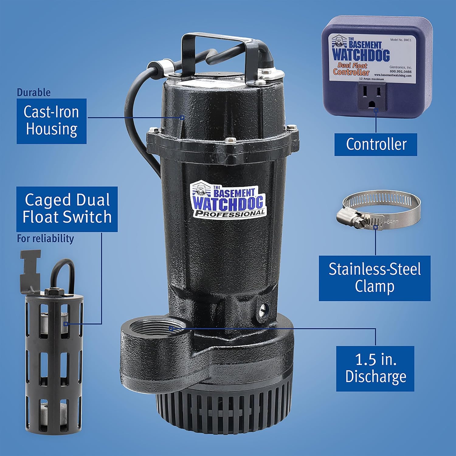 The Basement Watchdog ½ HP Submersible Sump Pump - Up to 4,100 GPH - Caged Microreed Dual Float Switch (BWT050)