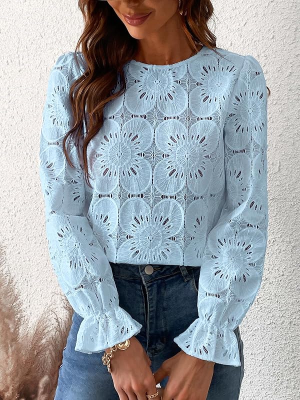 CUPSHE Women's Lace Eyelet Puff Sleeve Blouse Blue M by CUPSHE - Used condition - Image 4