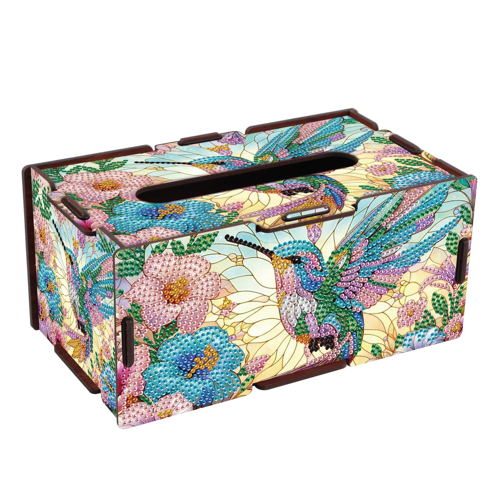 DIY Hummingbird Diamond Painting Tissue Box, Colorful Floral Rhinestone Diamond Art Wooden Napkin Holder, Decorative Crystal Rhinestones Art Box for Home Organizer, 22.5x12.7x10.5cm