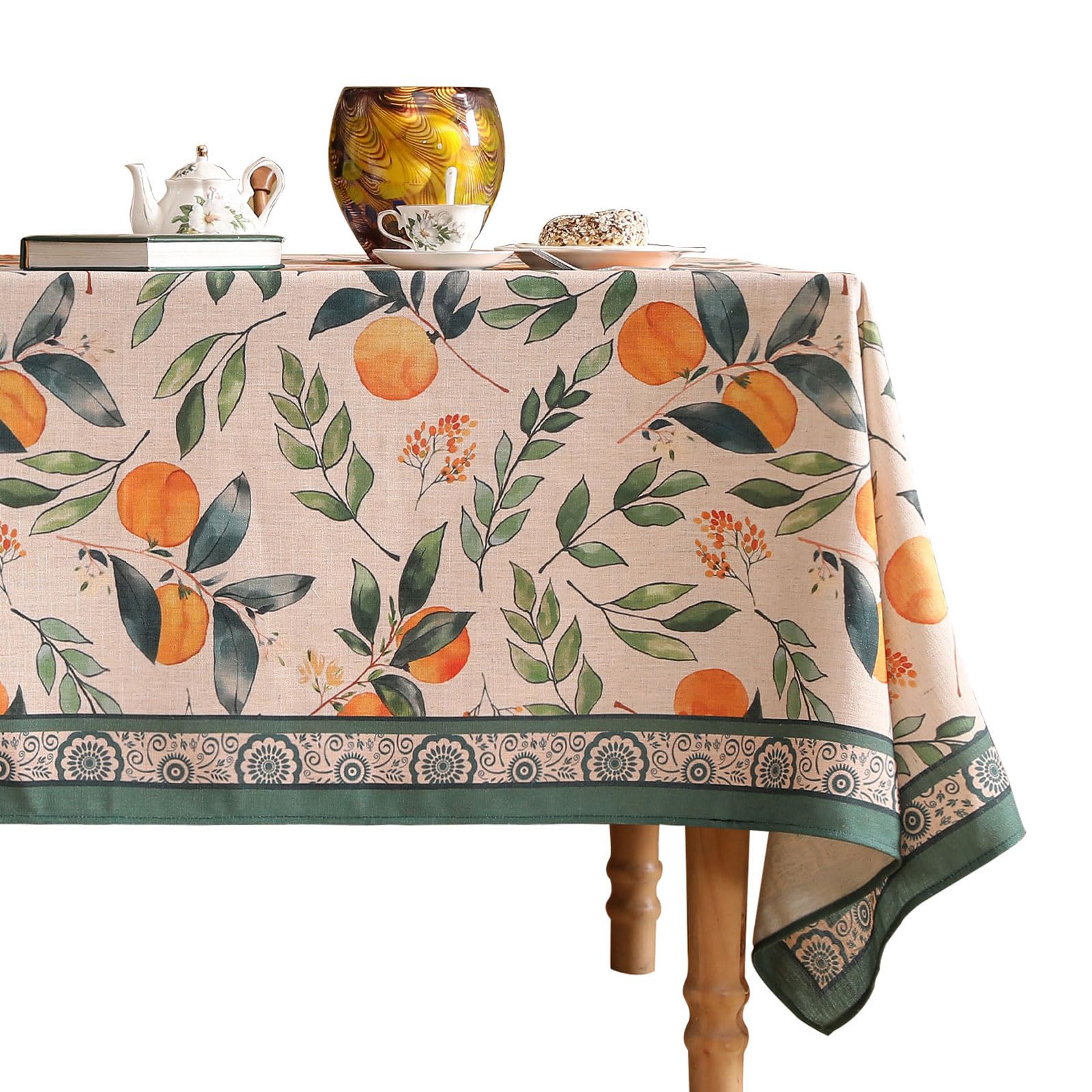 patdrea Designer Vintage Linen Rectangle Table Cloth,Framhouse Oranges and Leaves Pattern French Tablecloth,Fall Decor Cover for Kitchen Dining