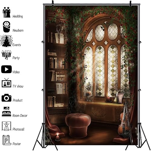 Miniatura 6 de Baocicco Magic Library - Telón de fondo de pizarra interior, 6 x 9 pies, fondo de fotografía, sala de lectura, estantería con ventana arqueada,