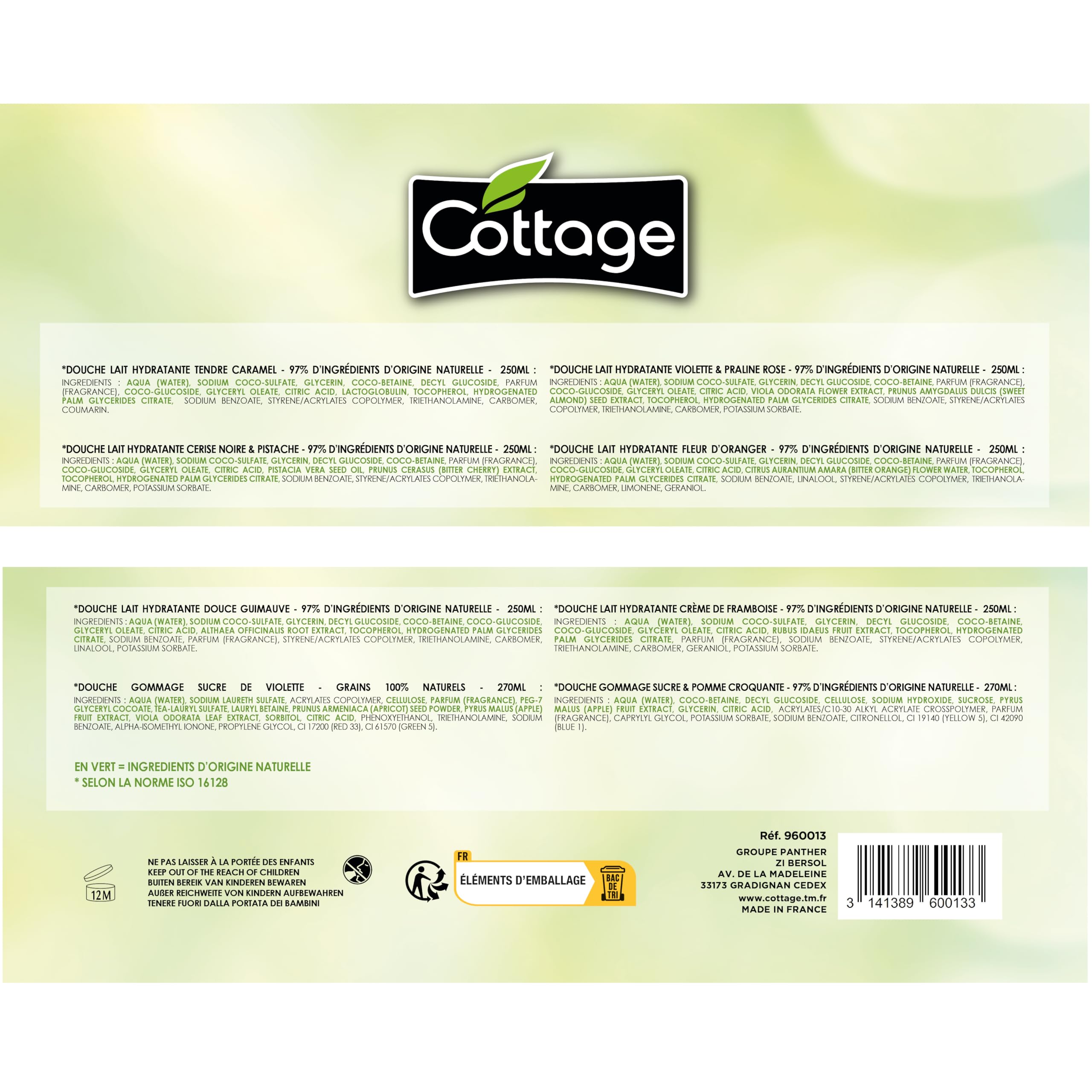 Cottage - offre spéciale lot de 12 gels douches -10 Douches Lait Hydratantes 250 ml + 2 douches Gommage 270 ml - Fabriqué en France