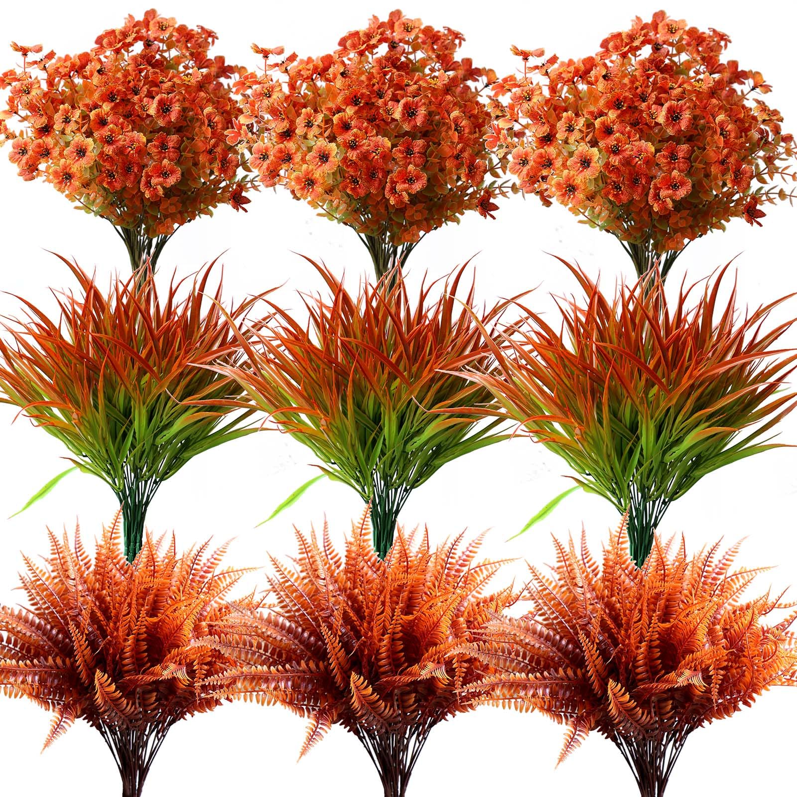 18PCS Outdoor Autumn Artificial Fall Flowers Plants Mums Decorations, Look Real Fake Fall Flowers Grass Ferns Arrangements, UV Resistant Outside Faux Fall Greenery for Pot Garden Window Box Patio Home — image 1