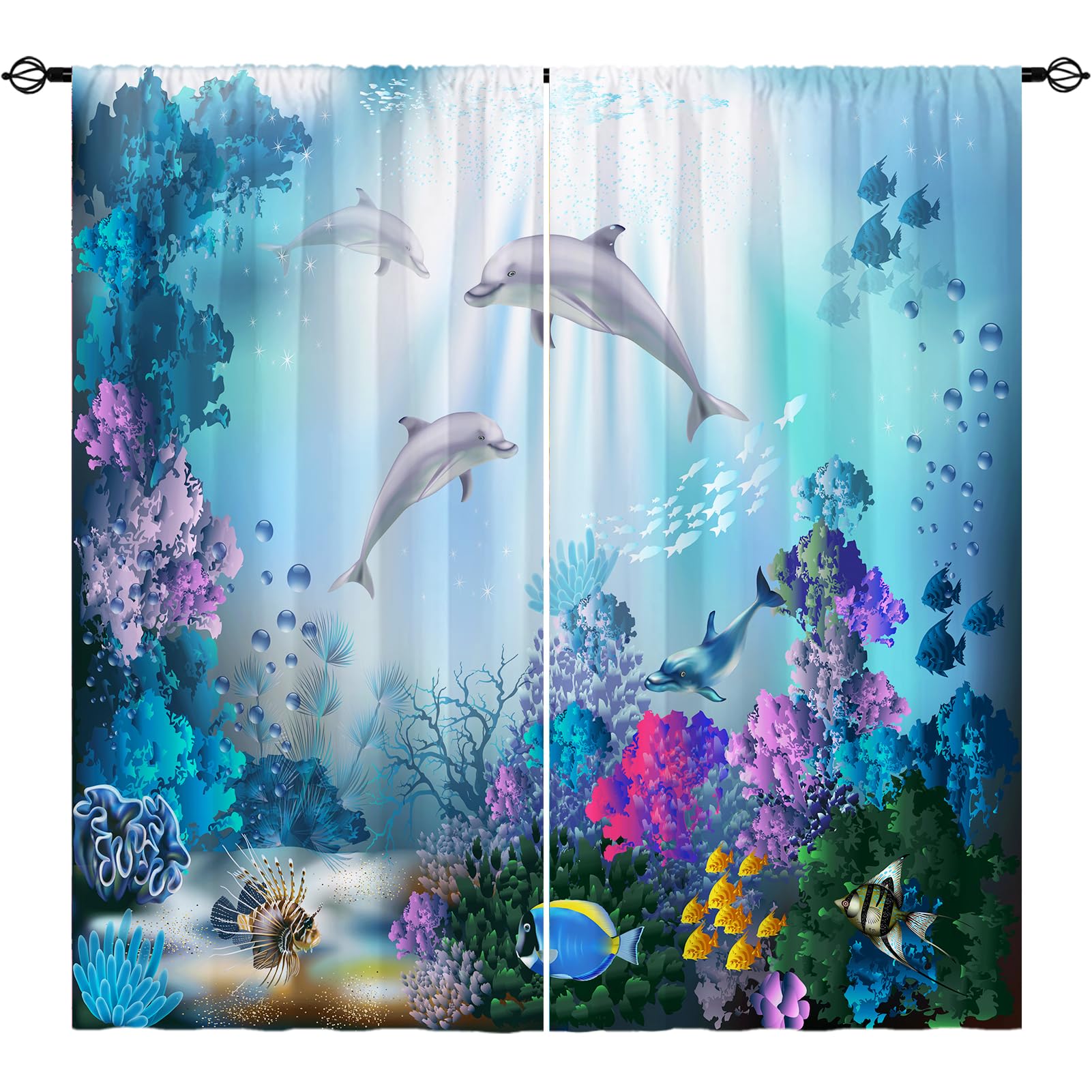Ocean Dolphin Curtains W42 x L84 Inch Rod Pocket Kids Underwater Tropical Fish Sea Animal Print Pattern Privacy Fabric Window Drapes for Boys Girls Bedroom Nursery Baby Playroom 2 Panels