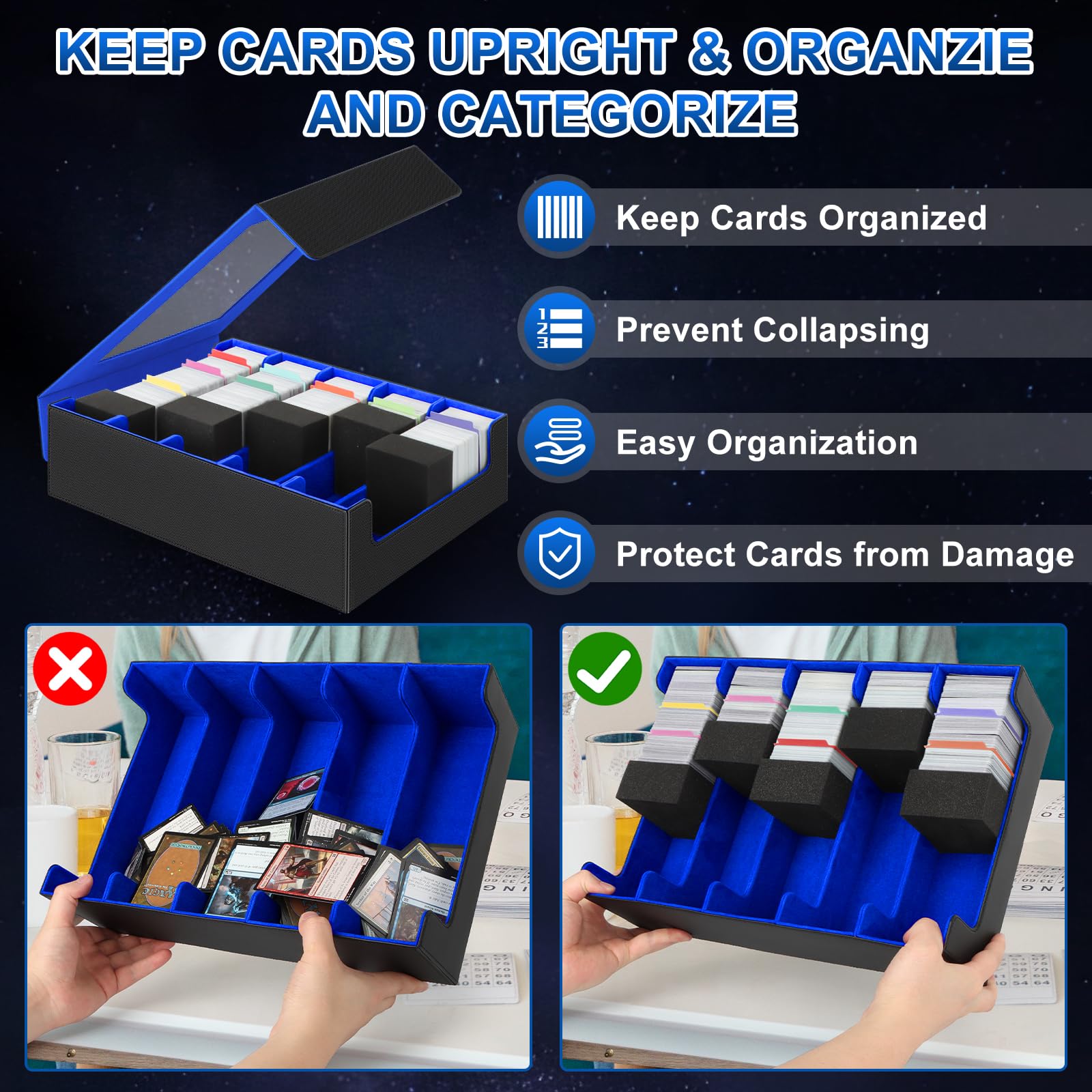 AOBOPLE Deck Box per Carte MTG Capacità di 3900+ Carte,Scatole per Carte Collezionabili con 48 Divisori Colorati e 5 Schiuma per TCG,YuGiOh,MTG,PTCG Car(Nero E Blu)