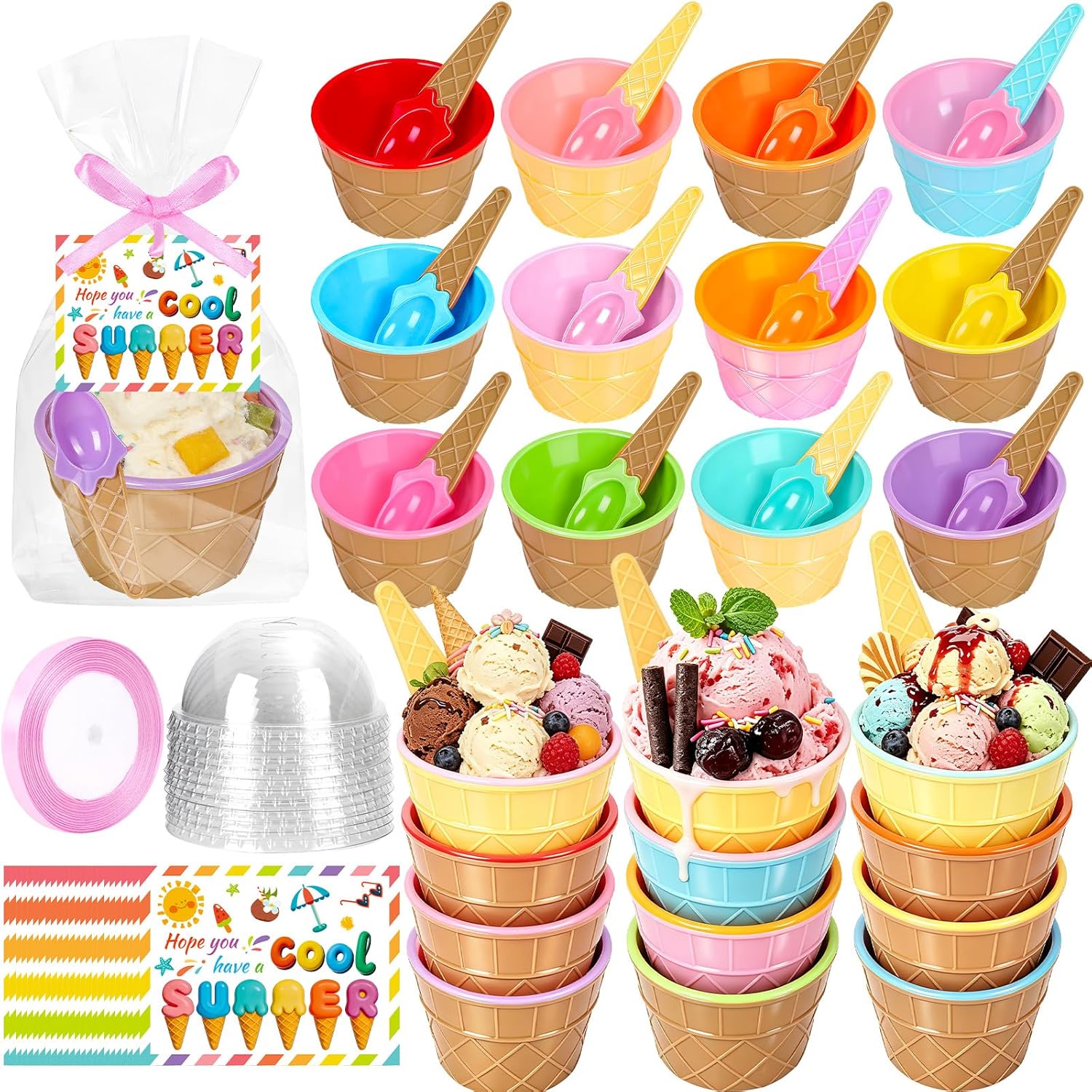 2026 End of Year Student Gifts - 24 Pack Ice Cream Bowls and Spoons Lids Set with Cards Ribbon Plastic Bag Reusable Dessert Bowls for School Prizes Summer Graduation Ice Cream Party Favors
