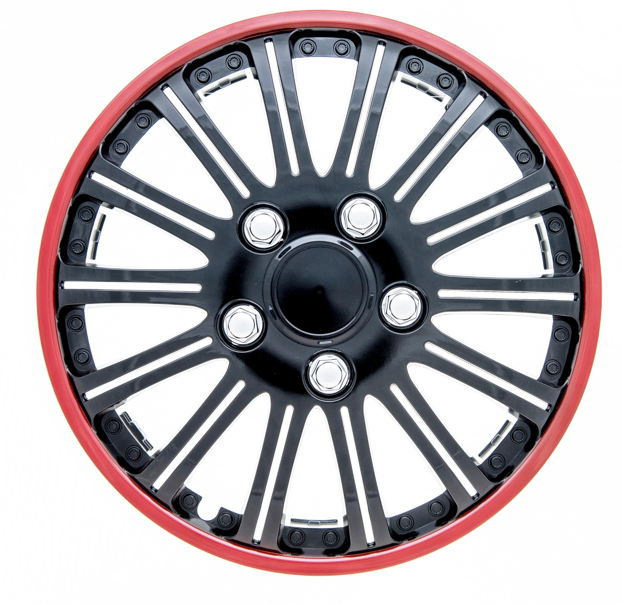 (4pc Set) 15 Inch Wheel Covers Euro Two Tones Black with Red Lip Compatible with 15 Inch Steel Wheels