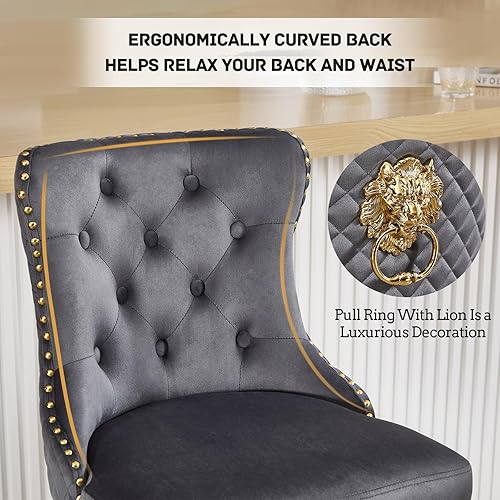 Miniatura 50 de Juego de 4 taburetes de bar giratorios ajustables de terciopelo con respaldo copetudo, ribete de cabezas de clavos y anillo de tracción, sillas de