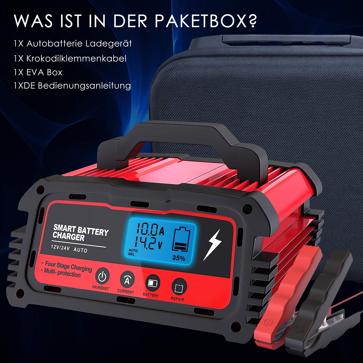 25A Batterieladegerät 12V 24V | Vollautomatisches KFZ Ladegerät mit LCD Display | 5A 10A 25A Einstellbar | Intelligentes Erhaltungsladegerät für Auto LKW Wohnmobil Boot