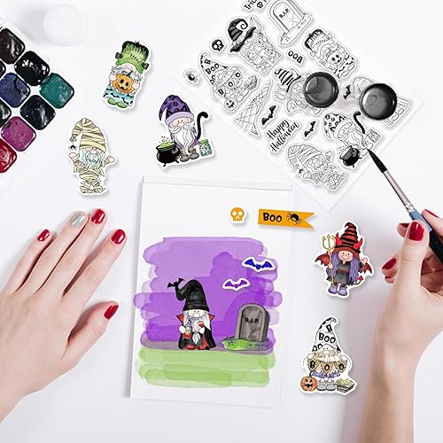 Miniatura 3 de INFUNLY Juego de troqueles y sellos enanos de Halloween, sellos y troqueles transparentes de gnomo para hacer tarjetas, sellos de goma enanos