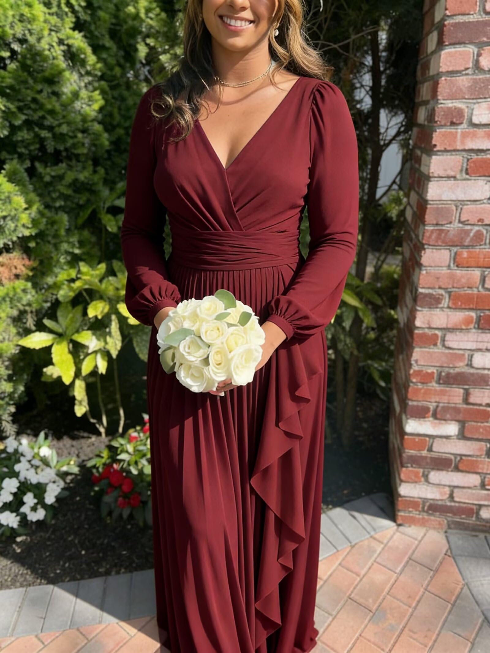 HUINI Langes Ärmel Plissiertes Brautjungfernkleid Chiffon V-Ausschnitt A-Linie formelles Abendkleid mit Taschen