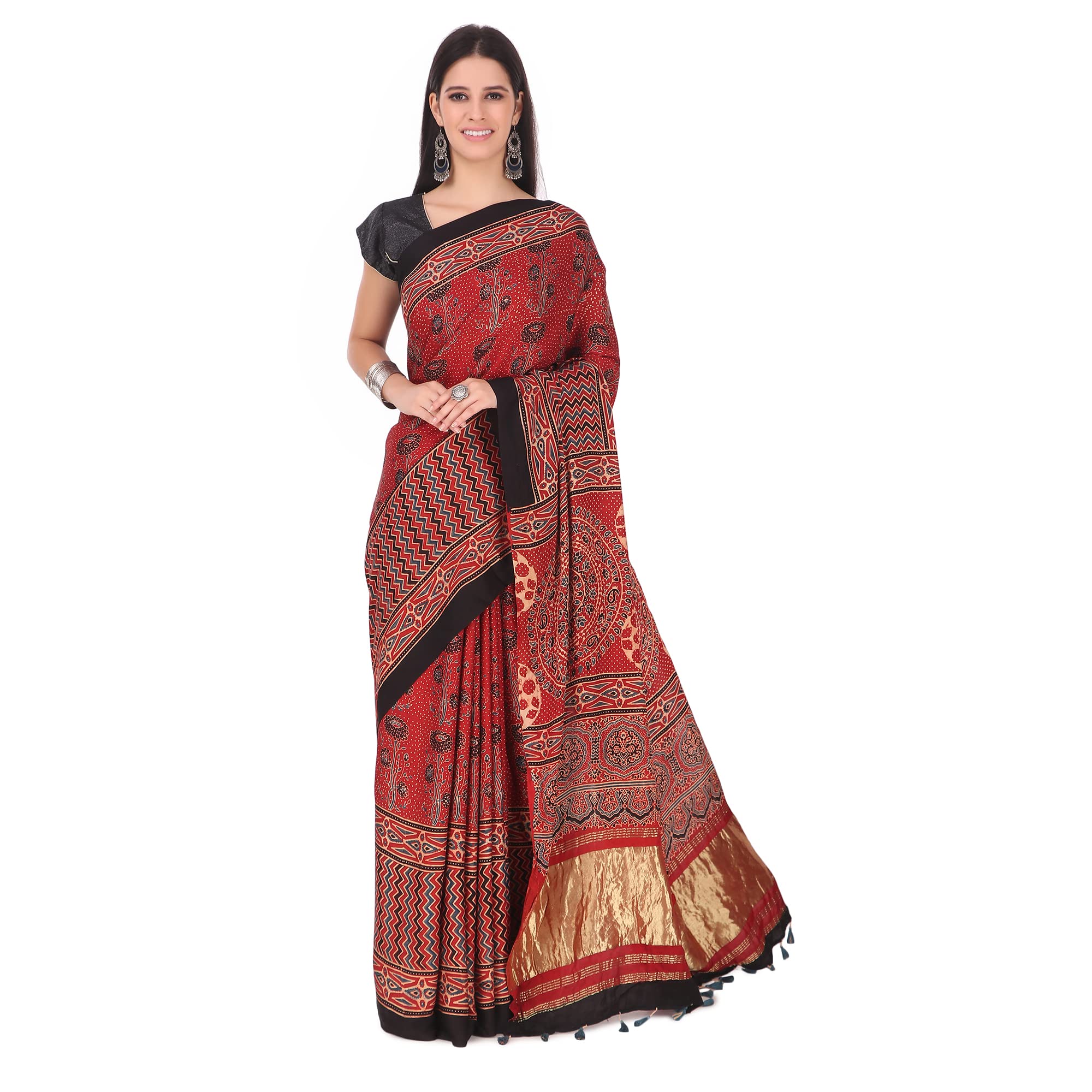 The Ajrakh StoreAjrakh Hand Block Printed and Natural Dyed Modal Saree with Zari Pallu_01, Red, 6.3m (including blouce 80cm)