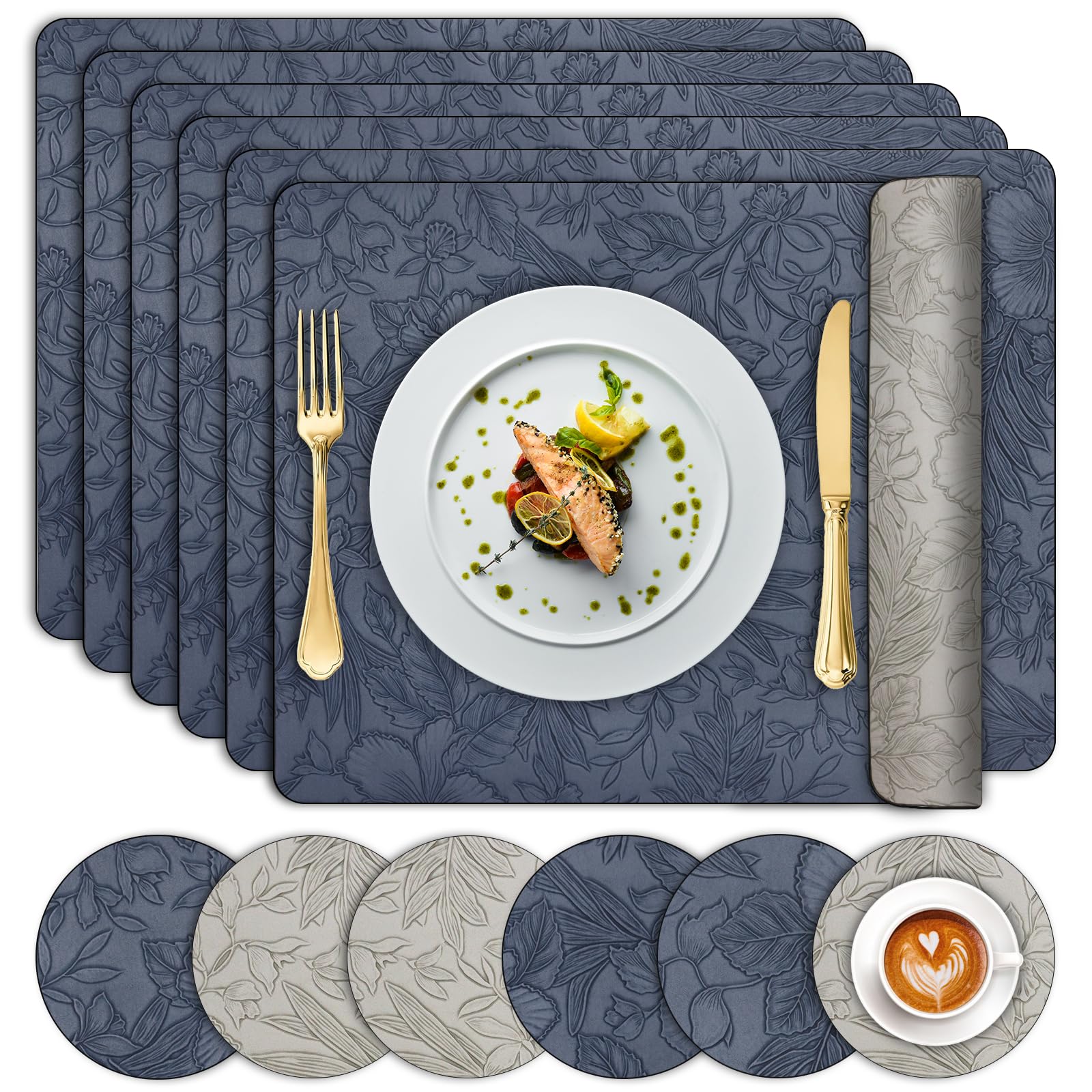 Table Mats Set of 6, Dual Sided Faux Leather Placemats and Coasters Heat-Resistant Washable Non Slip