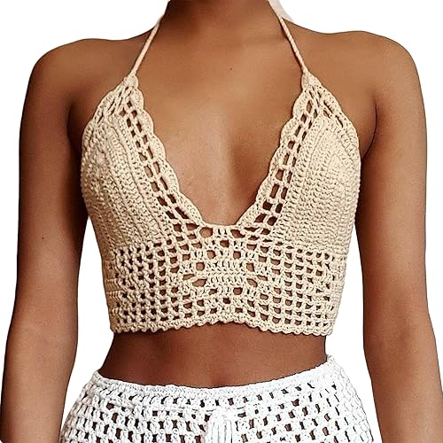 Crochet Halter Tops for Women Backless Camisole Knit Bra Tops Bralette Summer Beachwear - Small - Beige