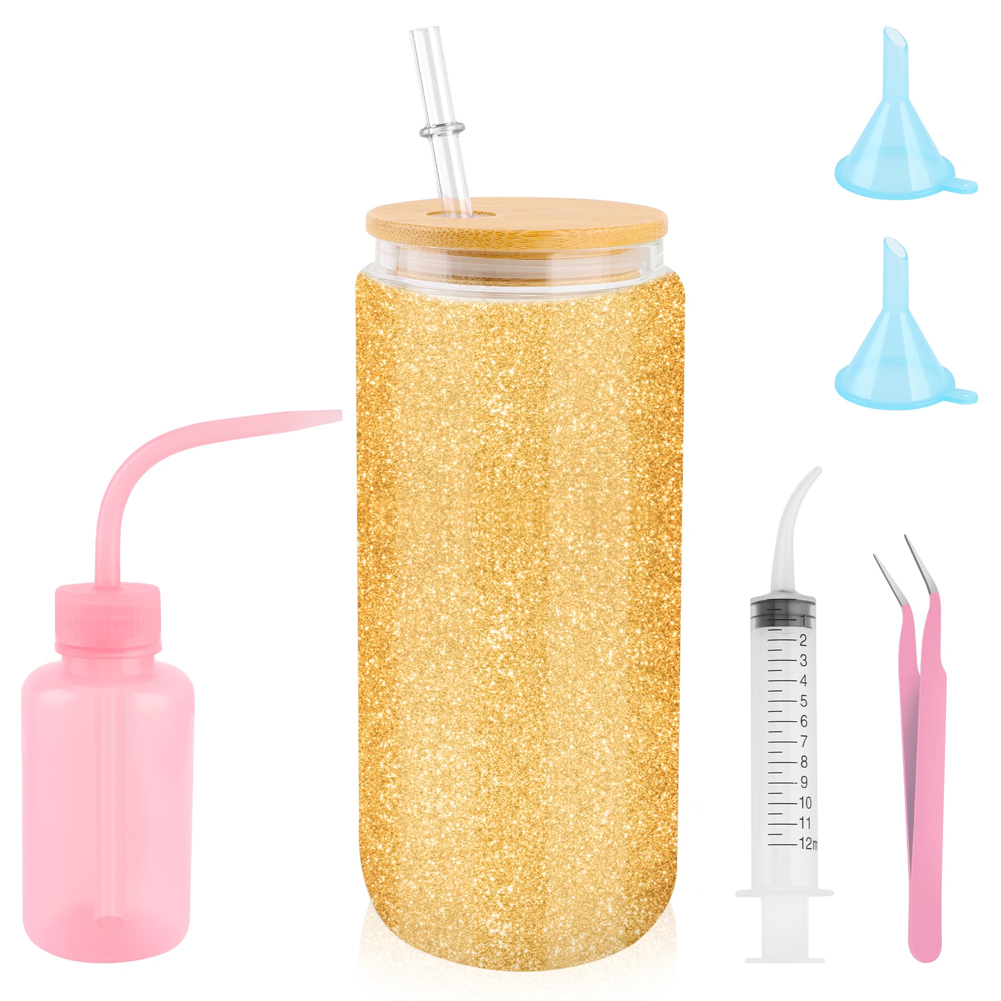 Windspeed 6Pcs Glass Snow Globe Tumbler 16oz Snow Globe Tumbler Glitter DIY Cups Kit Includes 1P 16oz Glass Double Wall Cups, Plastic Squeeze Bottle, Funnel, Tweezers, Syringe and Plug