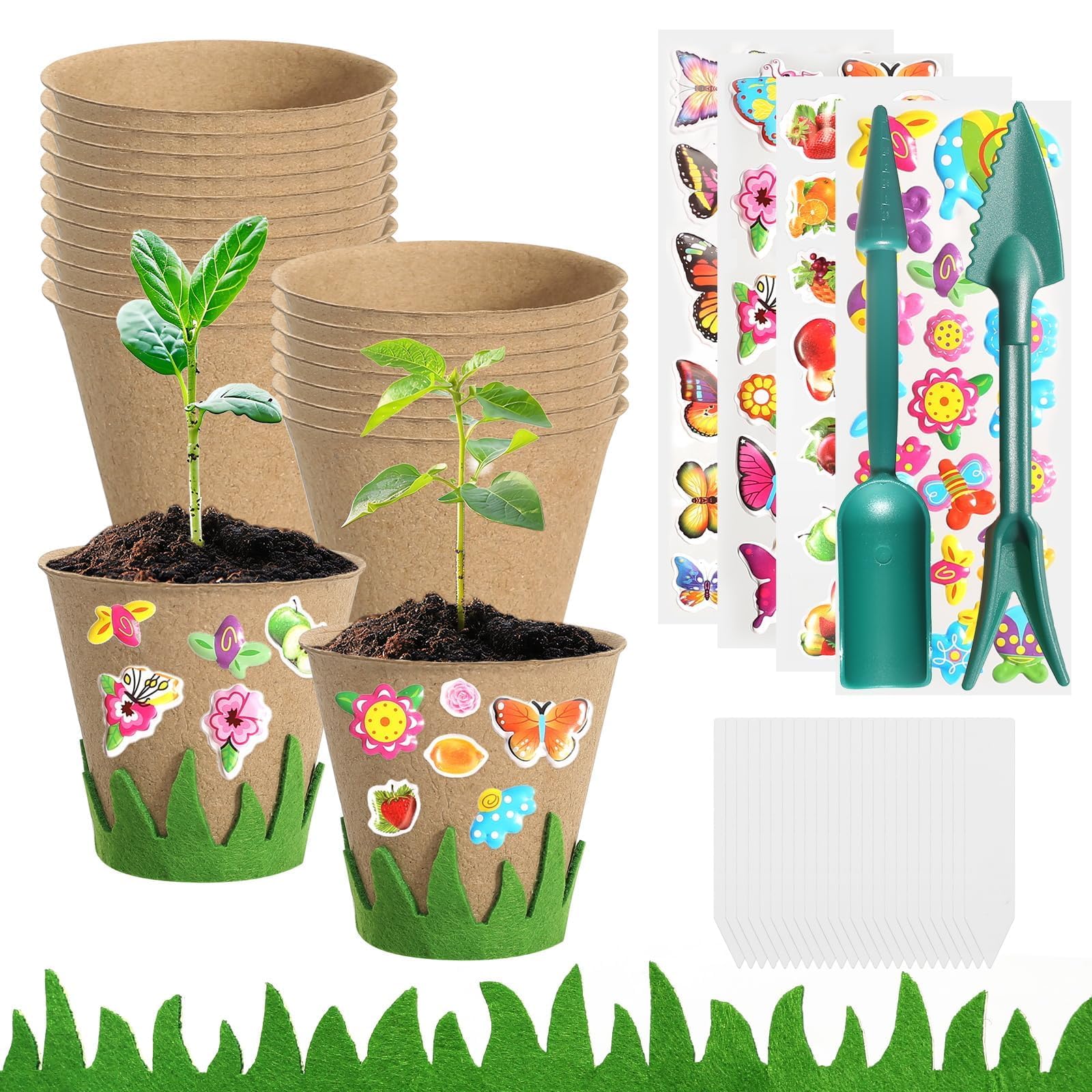 Macetas Degradables, 20 Piezas Macetas de 8 Cm Con 4 Vallas De 1 M + 8 Pegatinas + 20 Etiquetas + 2 Semilleros, Maceta Biodegradable de Fibras de Madera