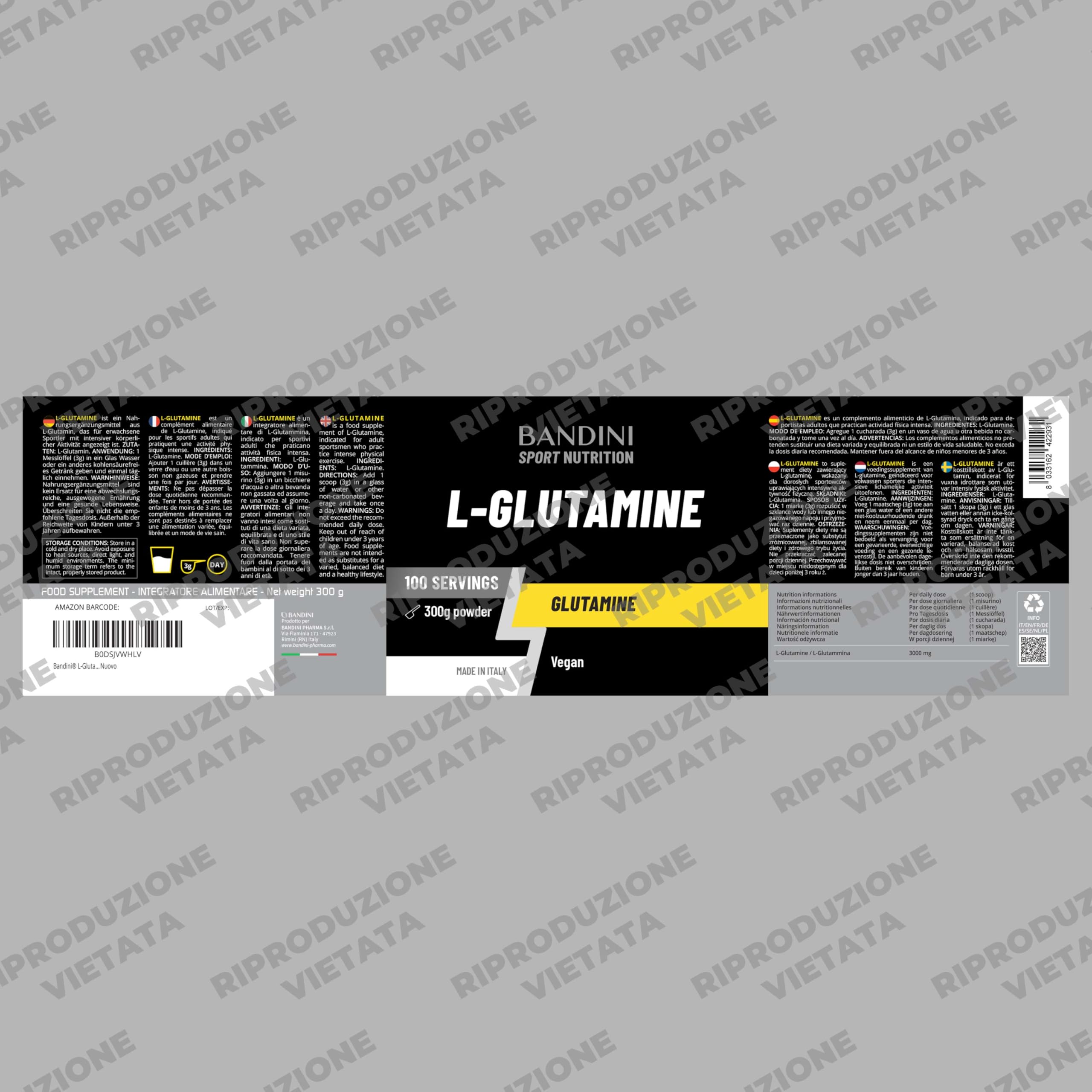 Bandini® L-Glutammina Pura in Polvere, Aminoacido utile per Esercizi Fisici ad Alta Intensità e per la Massa Muscolare, Glutammina 100% Vegan, Glutamine POWDER, Palestra e Sport, Confezione da 300g