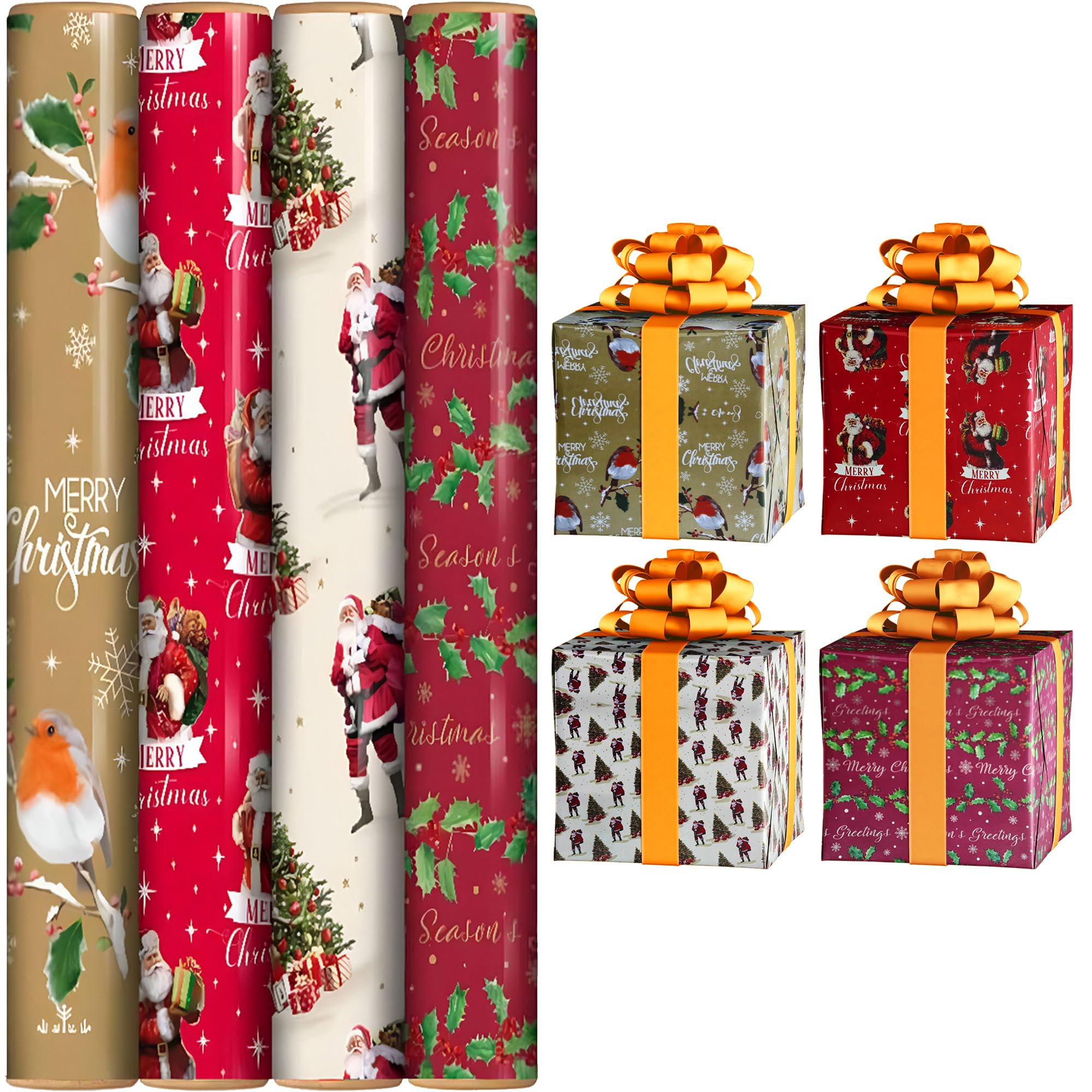ZINNIAUK 4 x 4M Christmas Wrapping Paper Rolls | 4 Assorted Traditional Festive Designs for Gift Wrap, Holiday Gifts & Party Favors | Ideal for Christmas Presents & Seasonal Packaging