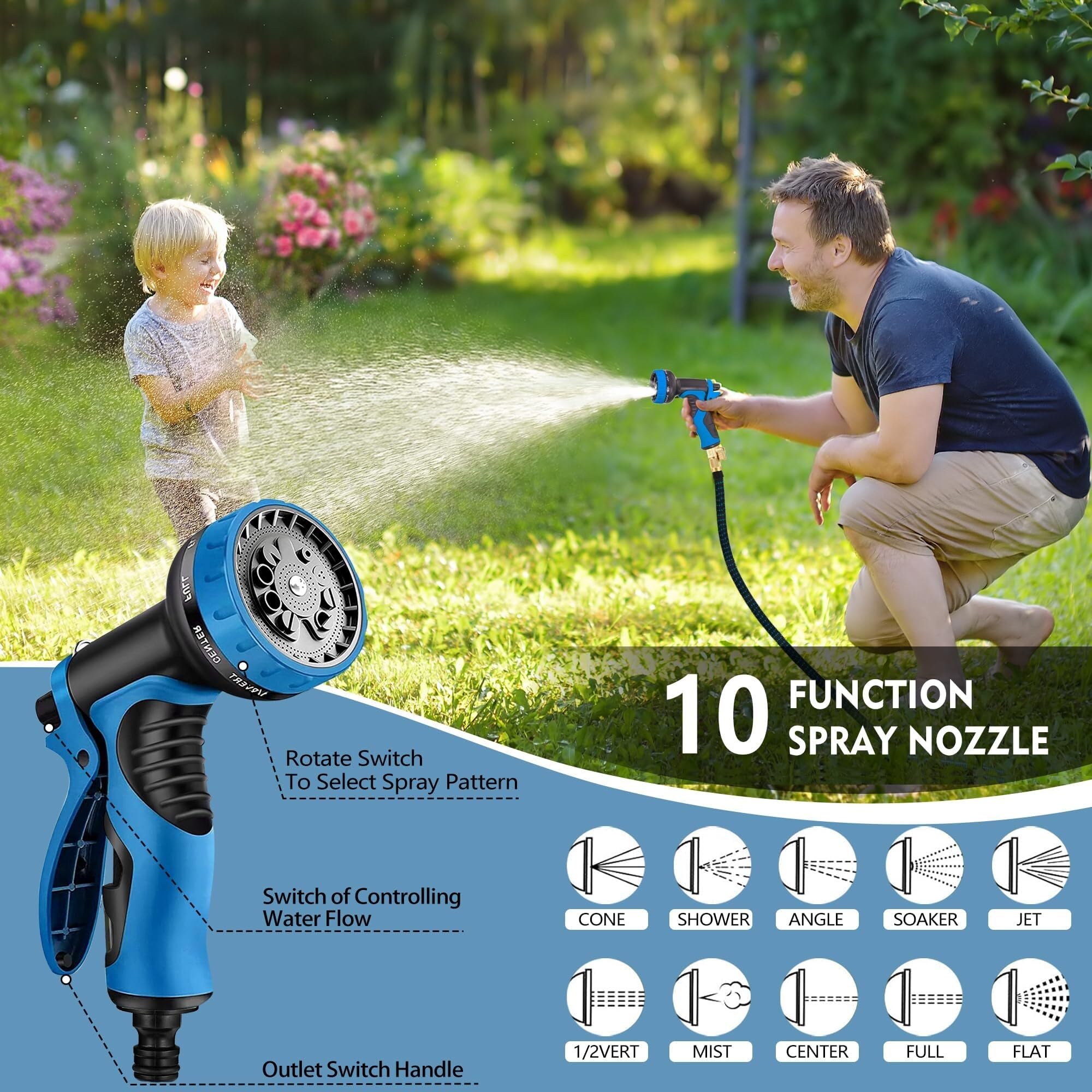 Dehnbarer Gartenschlauch 15m Robust mit 10 Funktionen Sprühdüse, Knickfreier Wasserschlauch für Garten Auto Terrasse(150ft)
