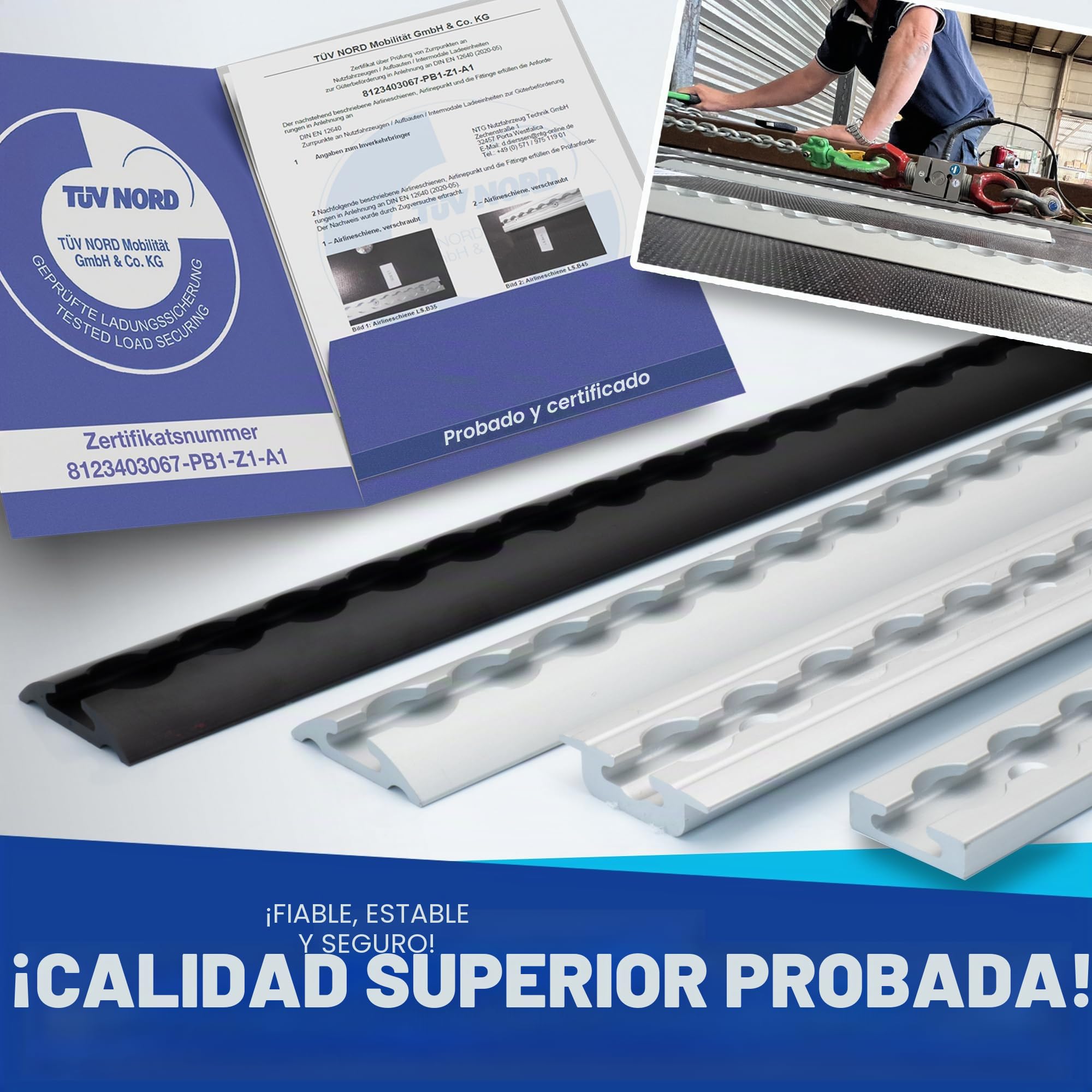 NTG - Riel de anclaje de aluminio de 4 x 1 m, forma semiredonda, con perforaciones, 1 m - 1000 mm, set de iniciación, con 20 conectores de aluminio y 8 tapas