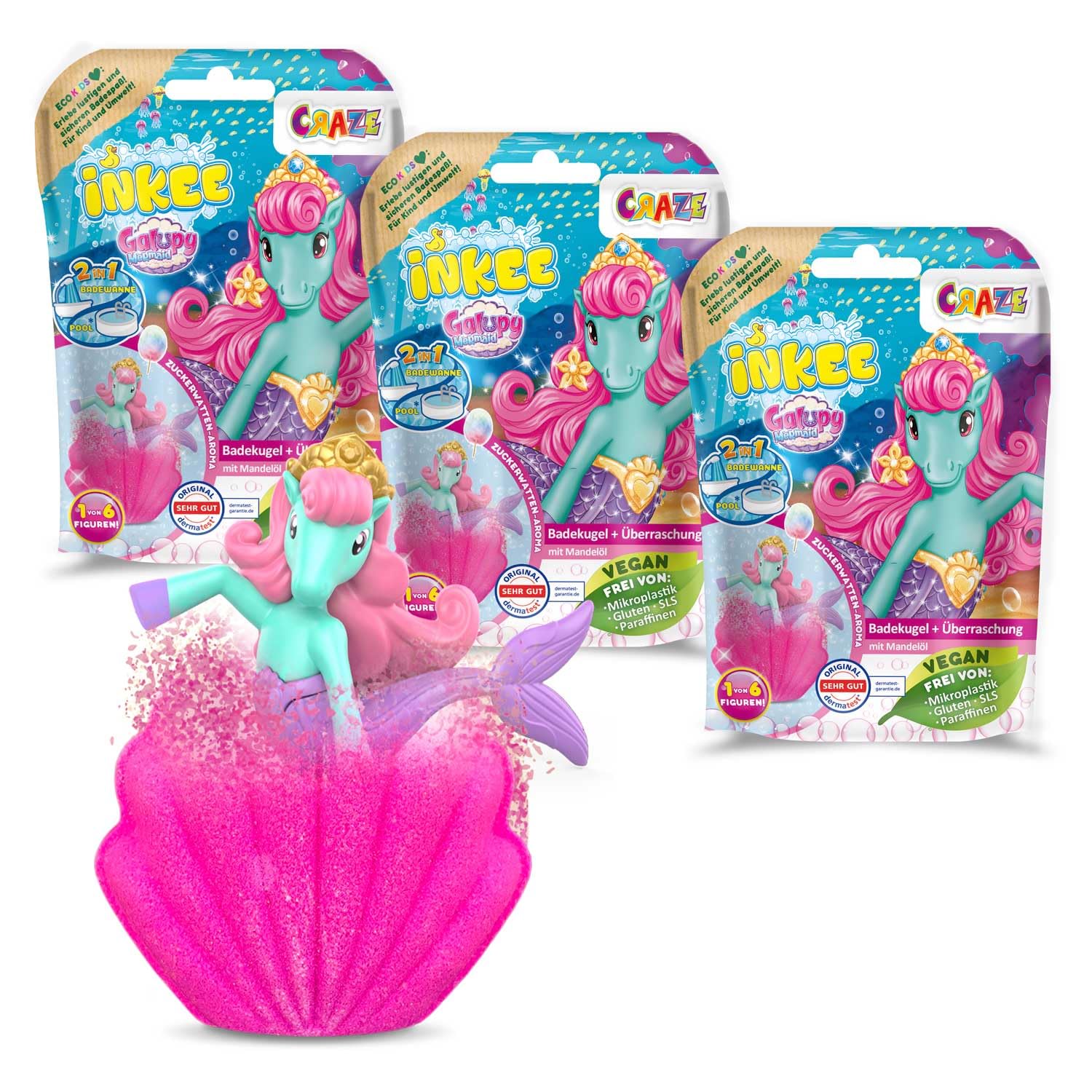 INKEE Galupy Mermaid Bath Bomb with Surprise, Children's Bath Bomb in Shell Shape with Mermaid Figures and Cotton Candy Aroma Pack of 3