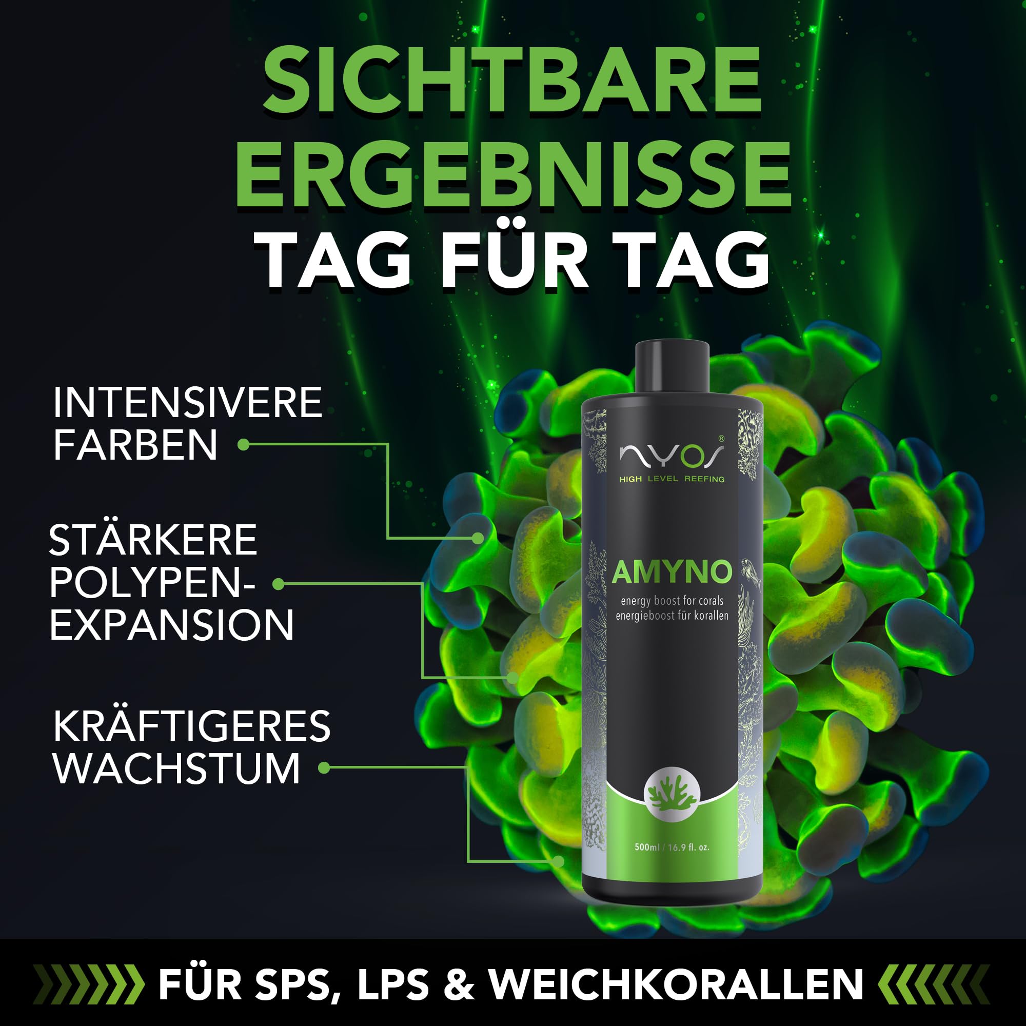 Nyos AMYNO - Organische Versorgung für Korallen - Aminosäuren für Meerwasseraquarien, Wachstum & Farbe, für alle Korallenarten geeignet, 500 ml