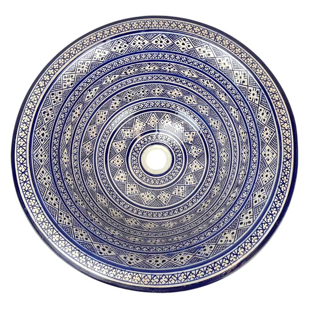 Lavabo Marocchino in Ceramica, Dipinto a Mano, Blu e Bianco, 50 cm, Stile Fes