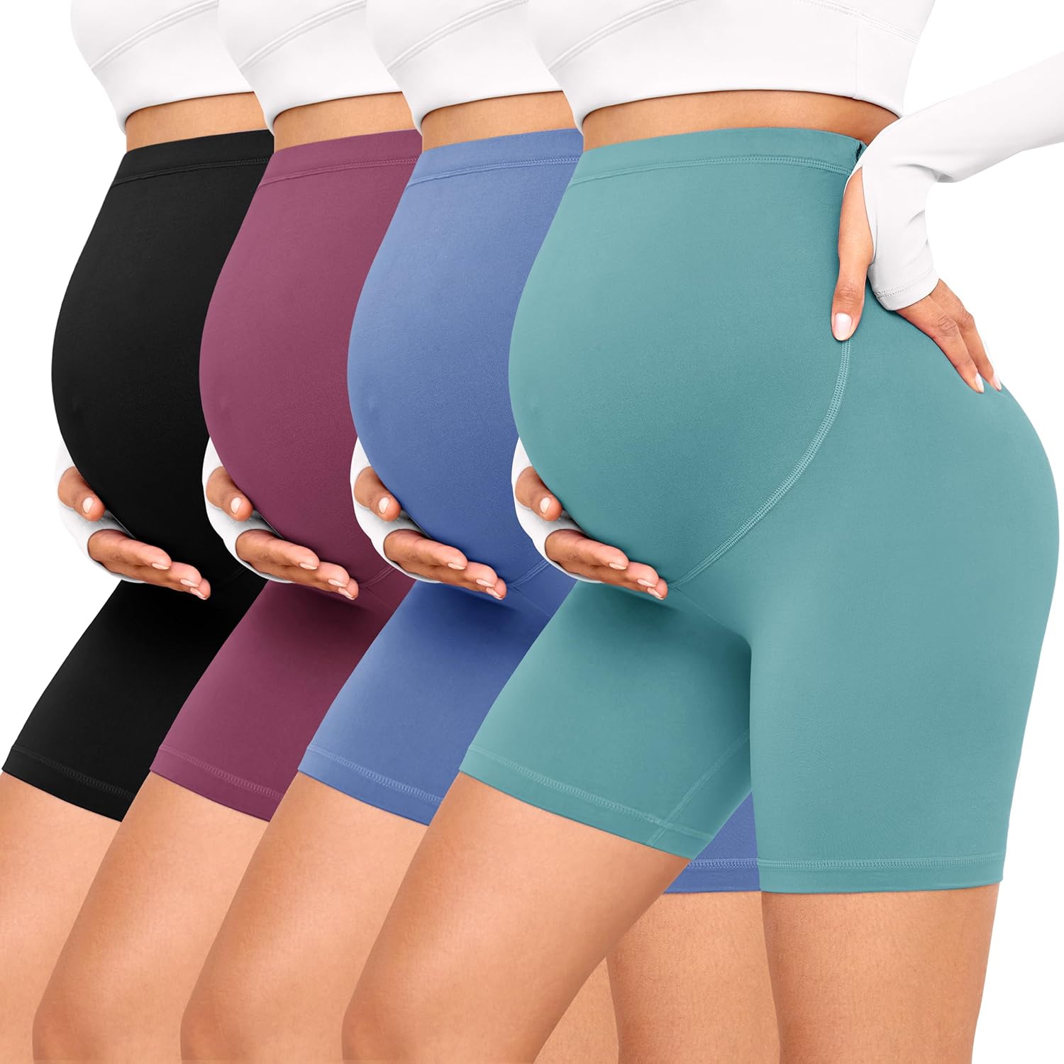 VALANDY Creamlush 4 Pack Maternity Shorts–Over The Belly Buttery Soft Stretchy Maternity Lounge Yoga Shorts