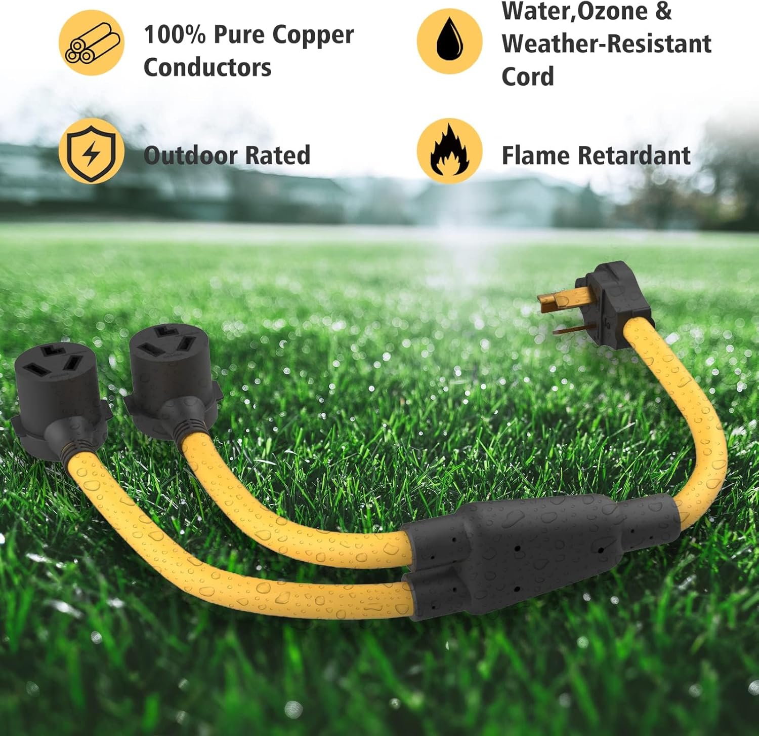 30 amp splitter 3 Prong Dryer Y Splitter L-Prong NEMA 10-30P Male to 2 x NEMA 10-30R Female, 30 Amp 250 Volt 7500W STW 10 AWG Dryer Y Adapter Cord, Power Cable for Electric Car, UL Listed